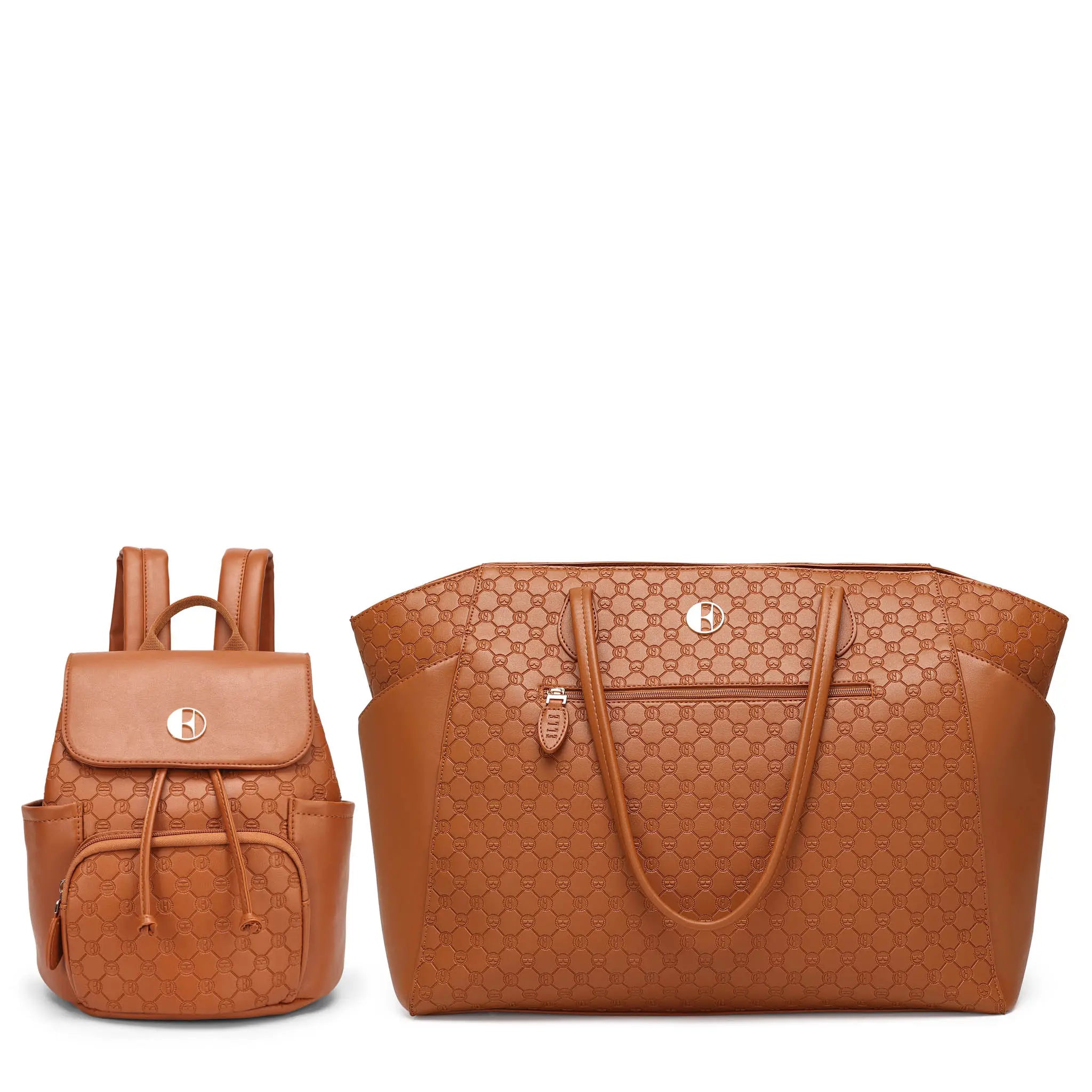 Brown leather backpack and tote bag on a white background