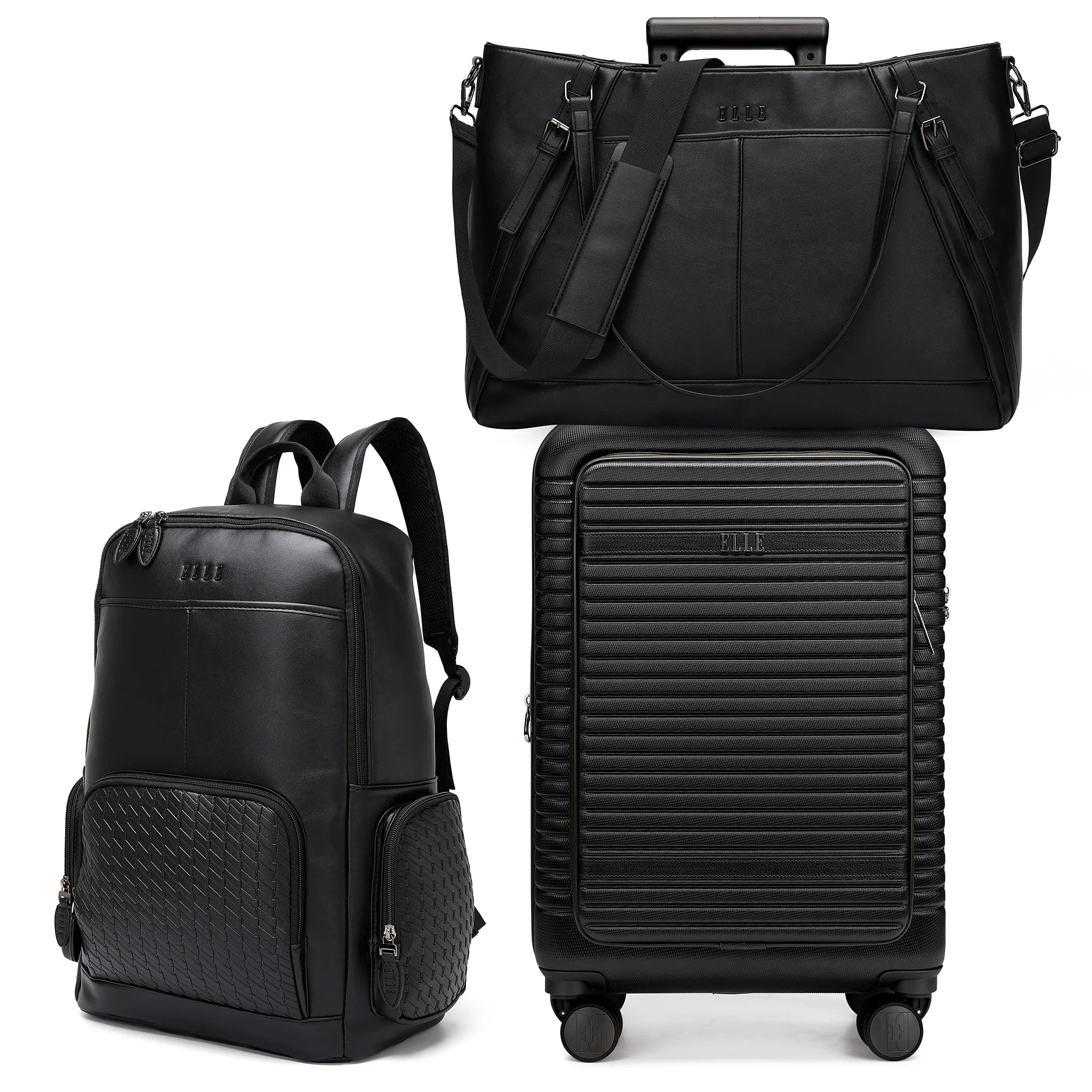 Set of black travel bags including a backpack, suitcase, and rolling bag on a white background.
