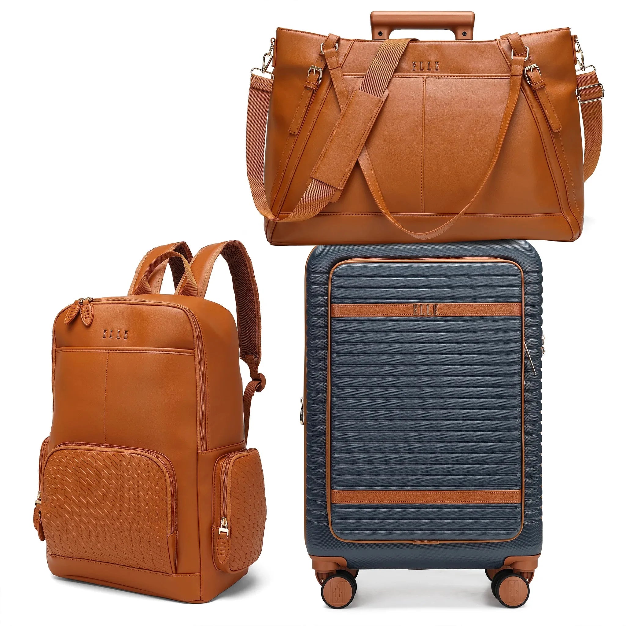 Collection of brown leather bags including a backpack, duffel bag, and suitcase on a white background.