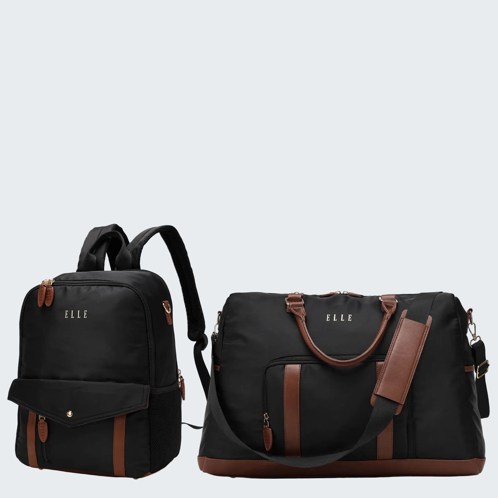 Black backpack and duffel bag with brown accents and 'ELLE' branding on a white background