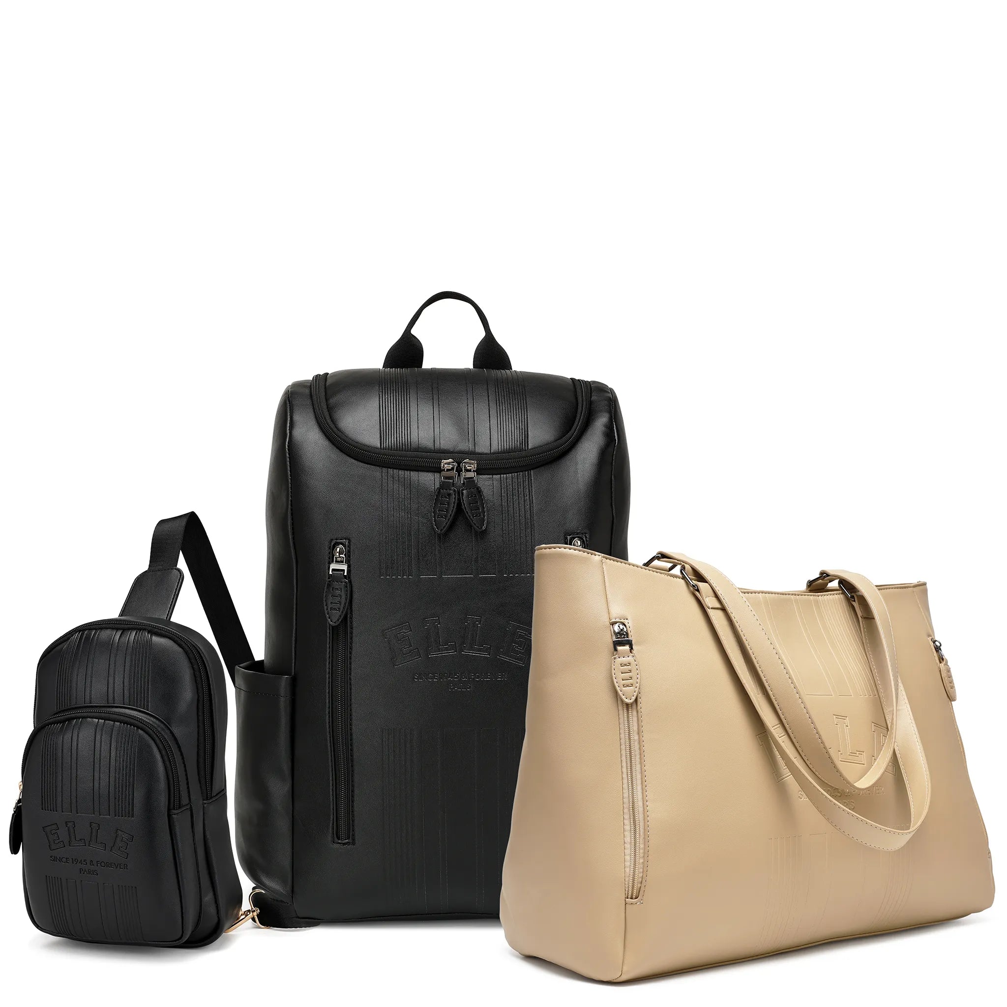 Black backpack and beige handbag on a white background