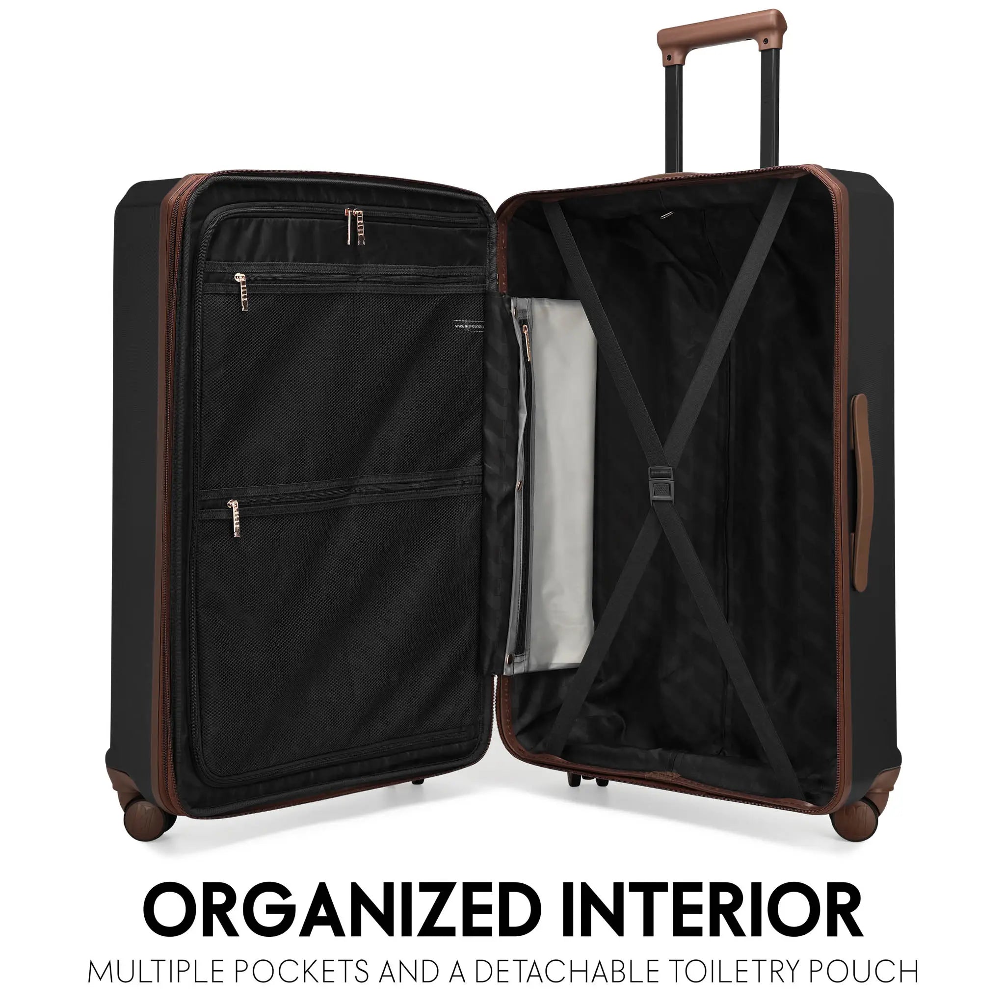 Open black suitcase with multiple pockets and a detachable toiletry pouch on a white background.