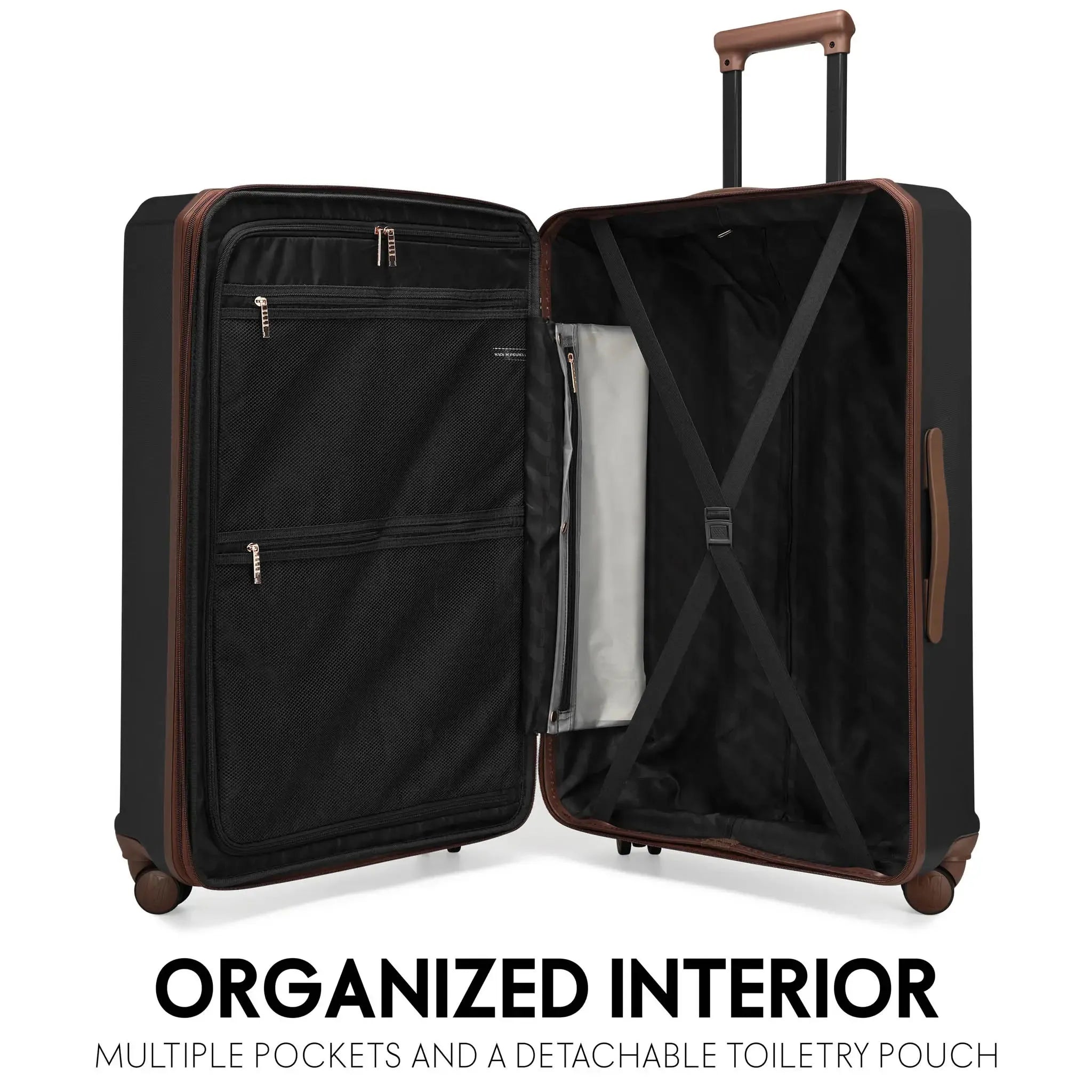 Open black suitcase with multiple pockets and a detachable toiletry pouch on a white background