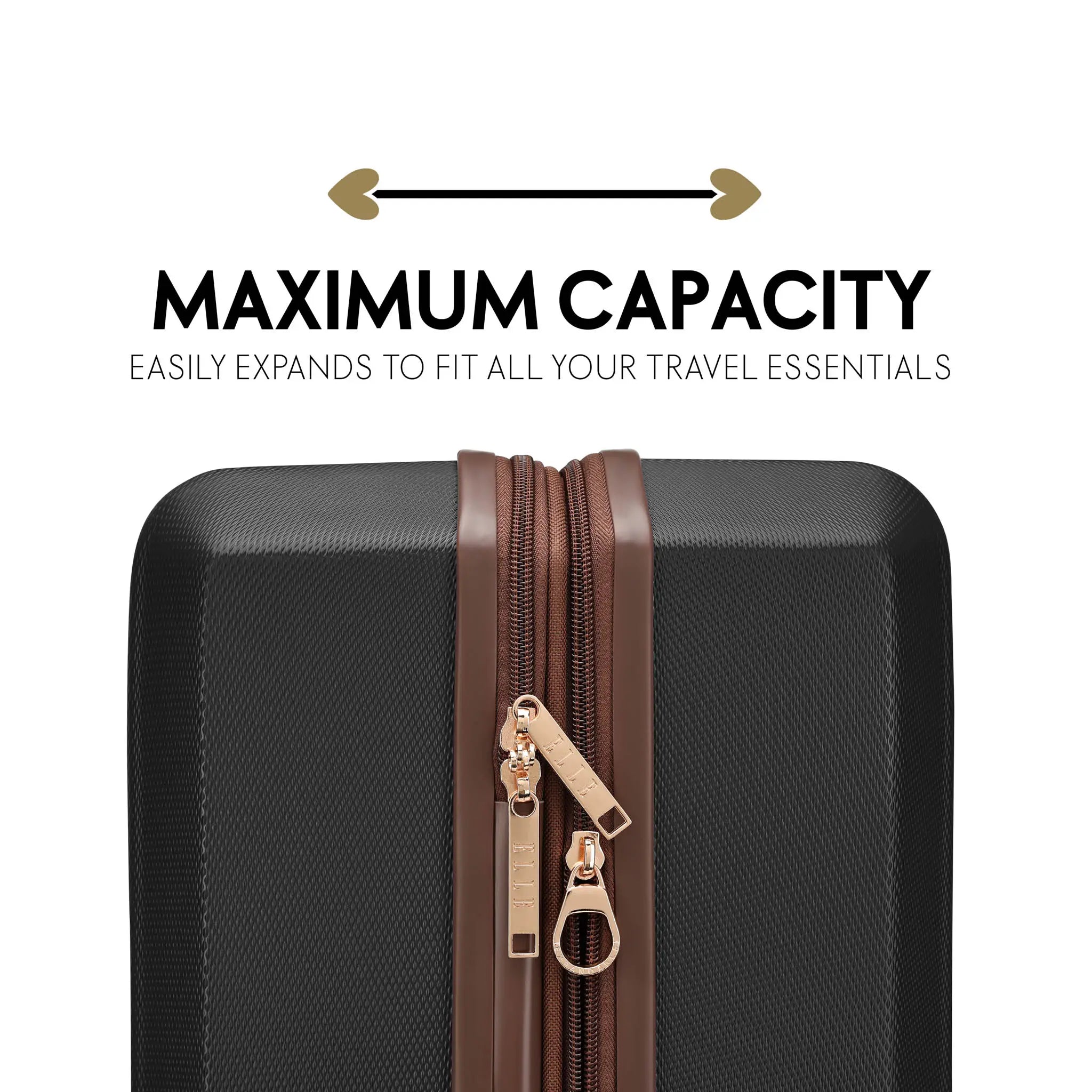 Black suitcase with a brown zipper on a white background, emphasizing maximum capacity.