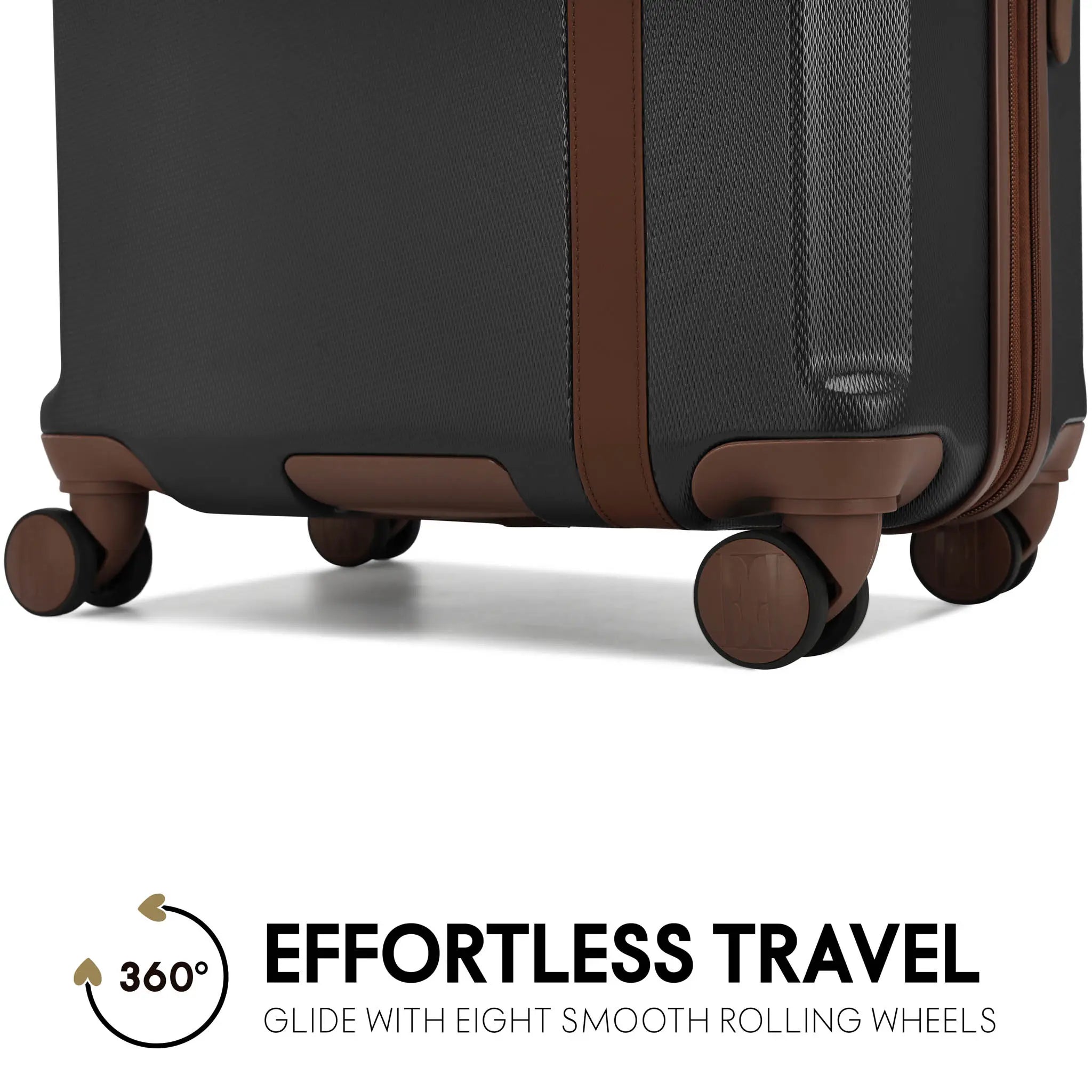Black suitcase with brown accents and wheels on a white background, featuring text 'Effortless Travel' and '360° Glide with Eight Smooth Rolling Wheels'.