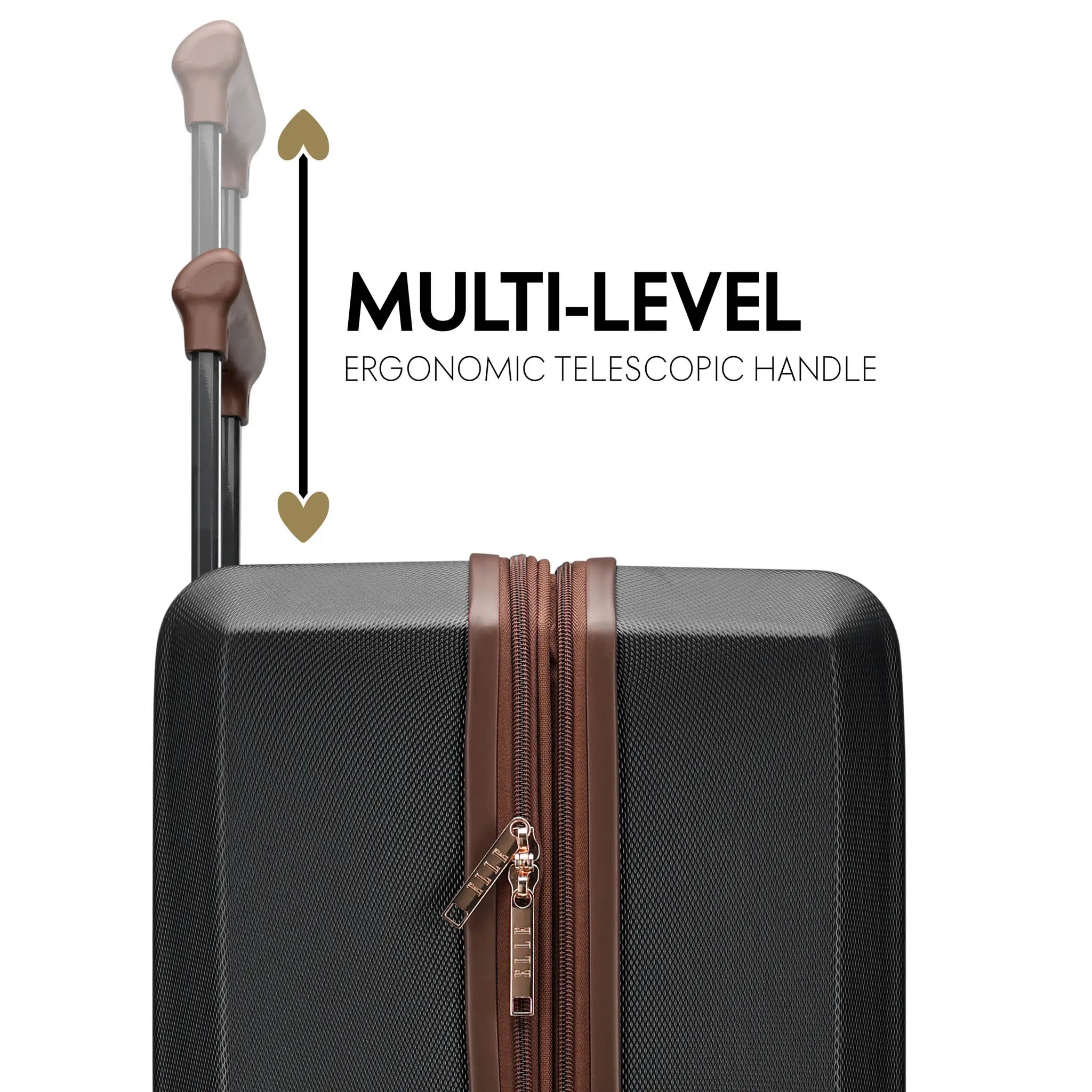 Suitcase with multi-level ergonomic telescopic handle on a white background