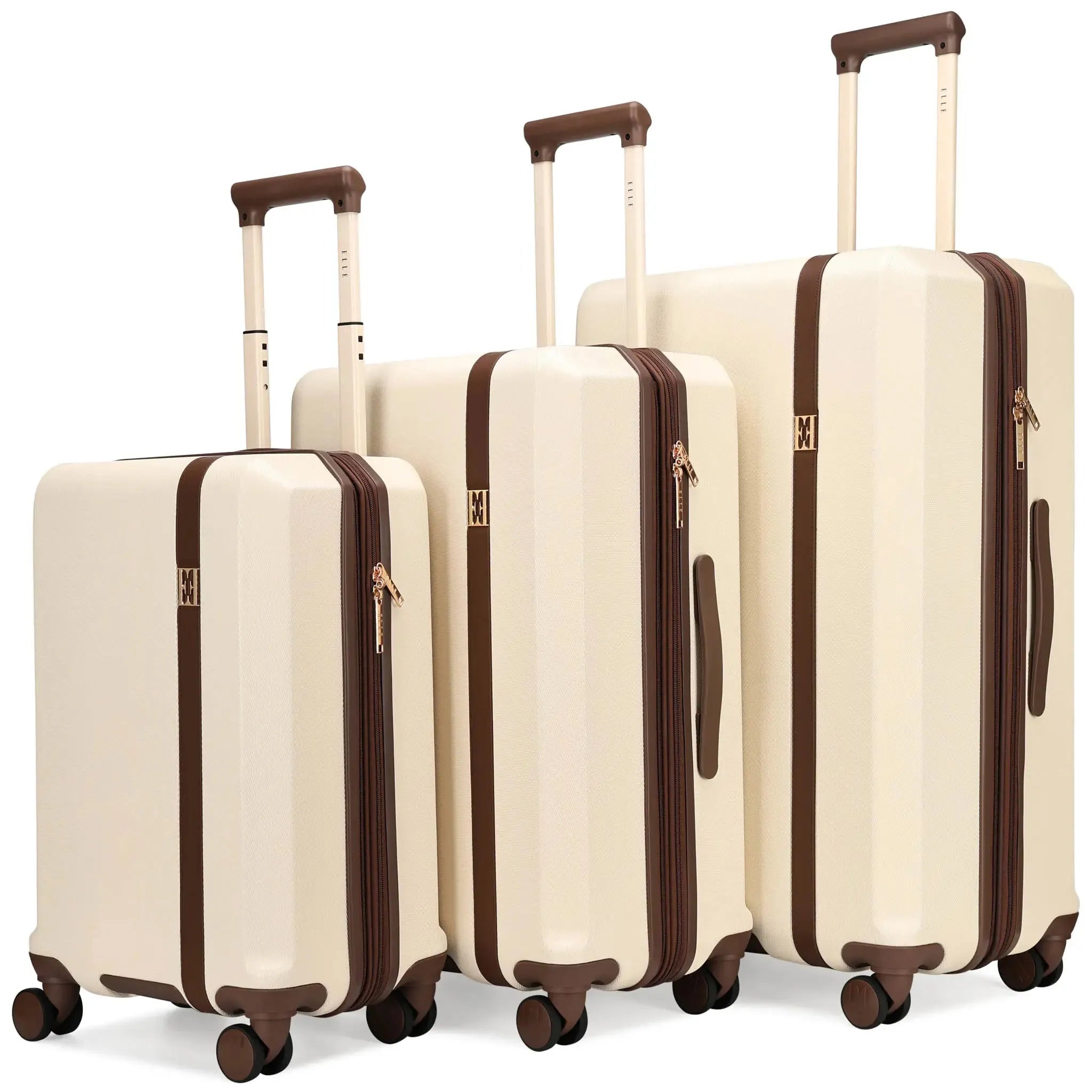 Set of three beige suitcases with brown accents on a white background