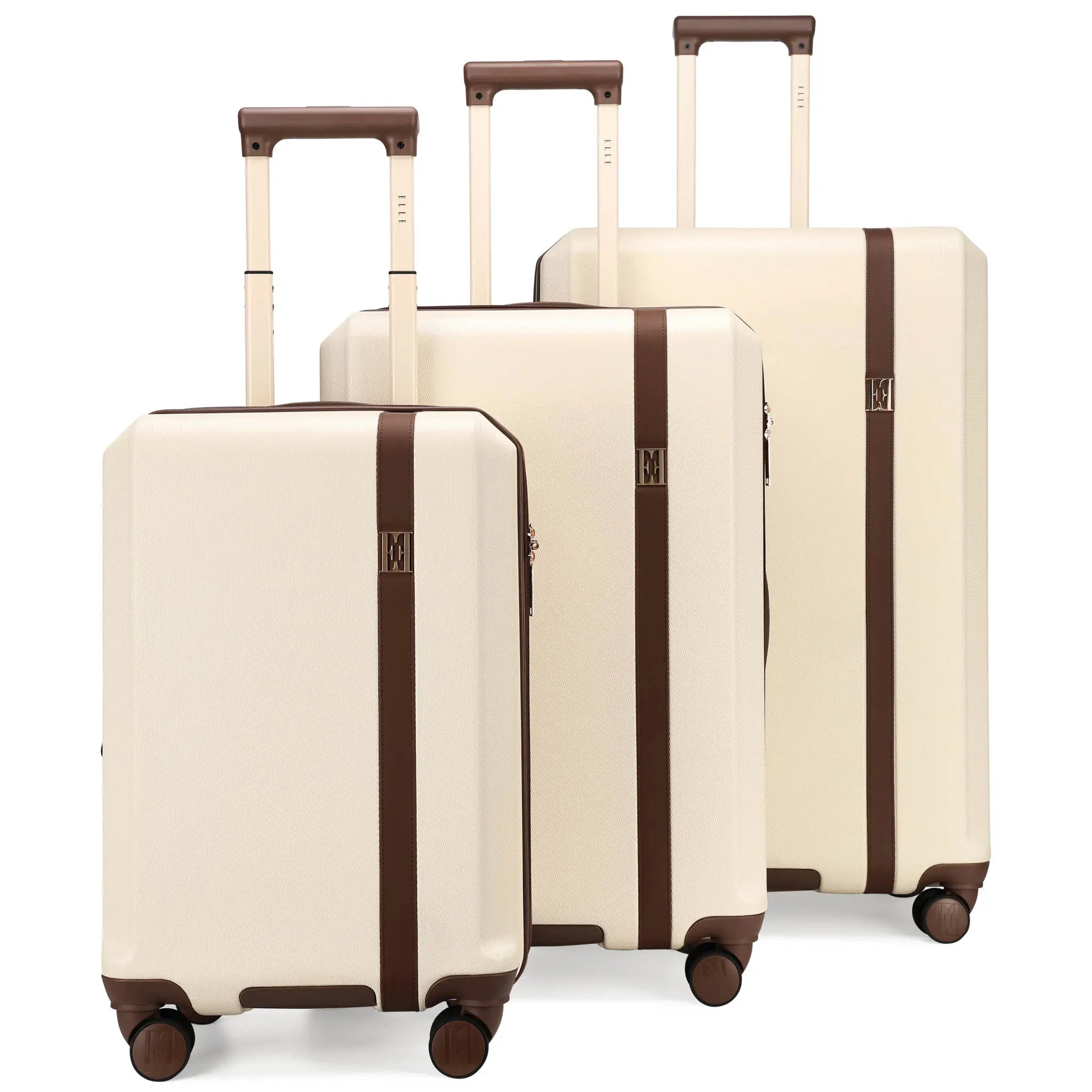 Set of three beige suitcases with brown straps on a white background