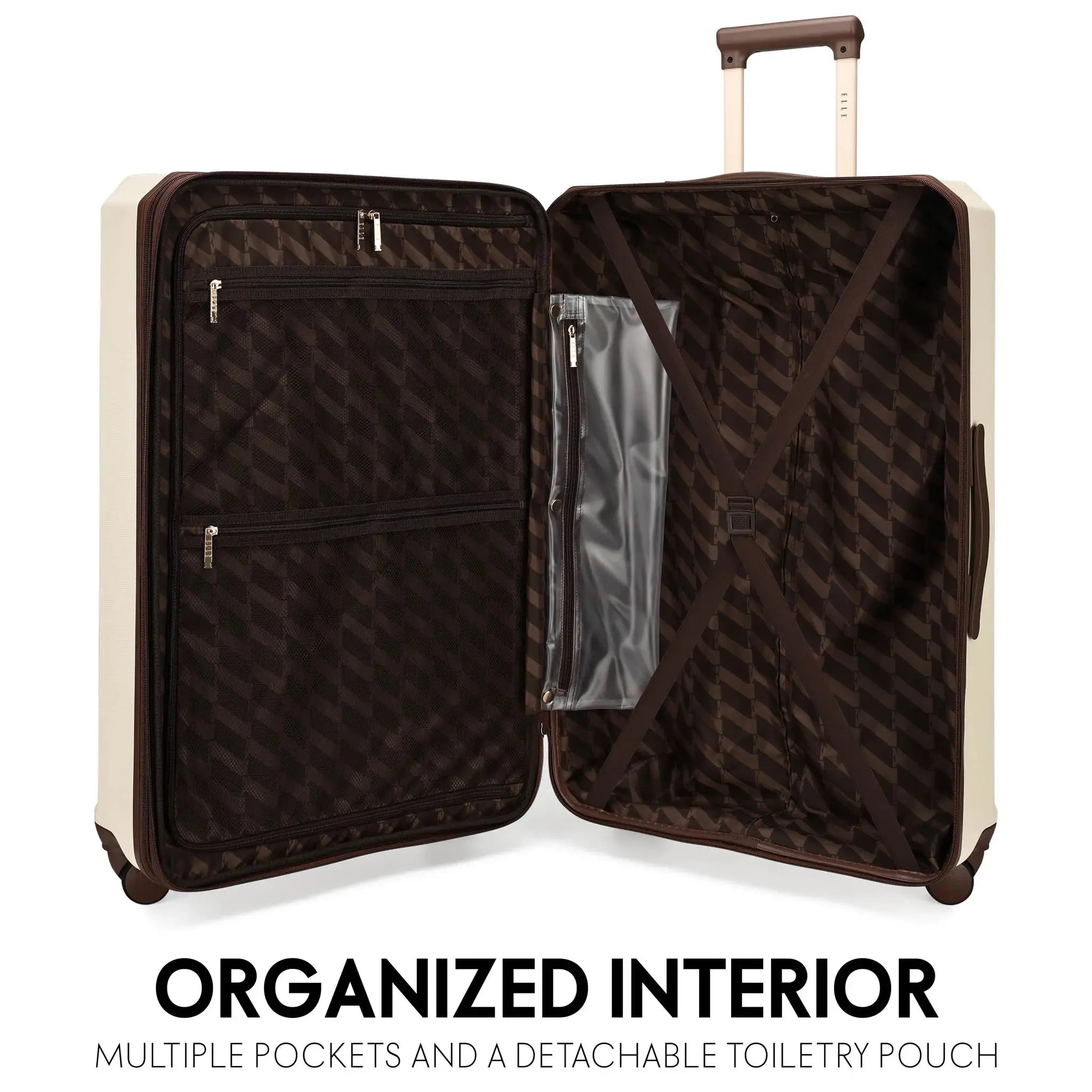 Open suitcase with organized interior on a white background