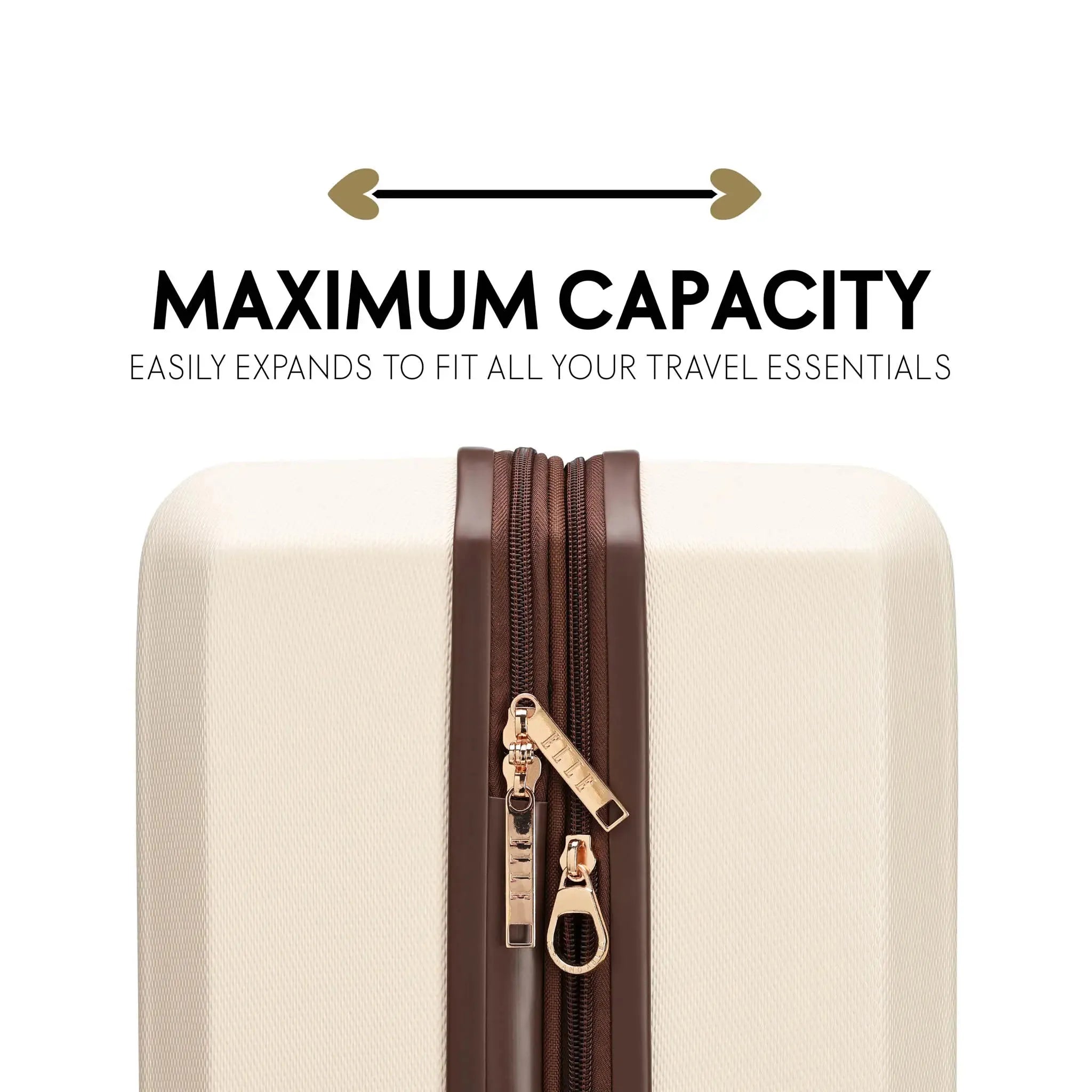 Beige suitcase with a brown zipper on a white background, featuring text about maximum capacity.
