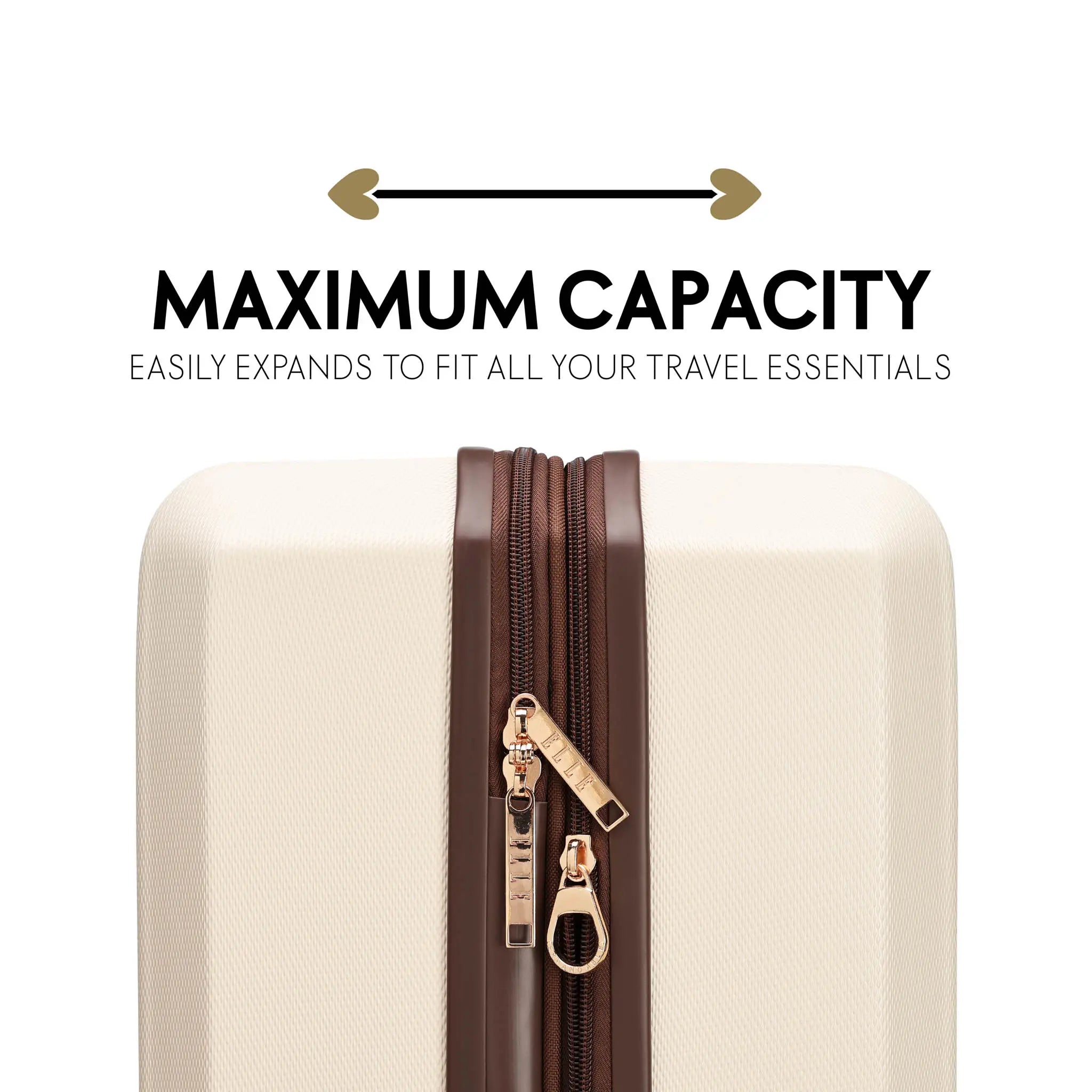 Beige suitcase with a brown zipper on a white background, featuring text about maximum capacity.