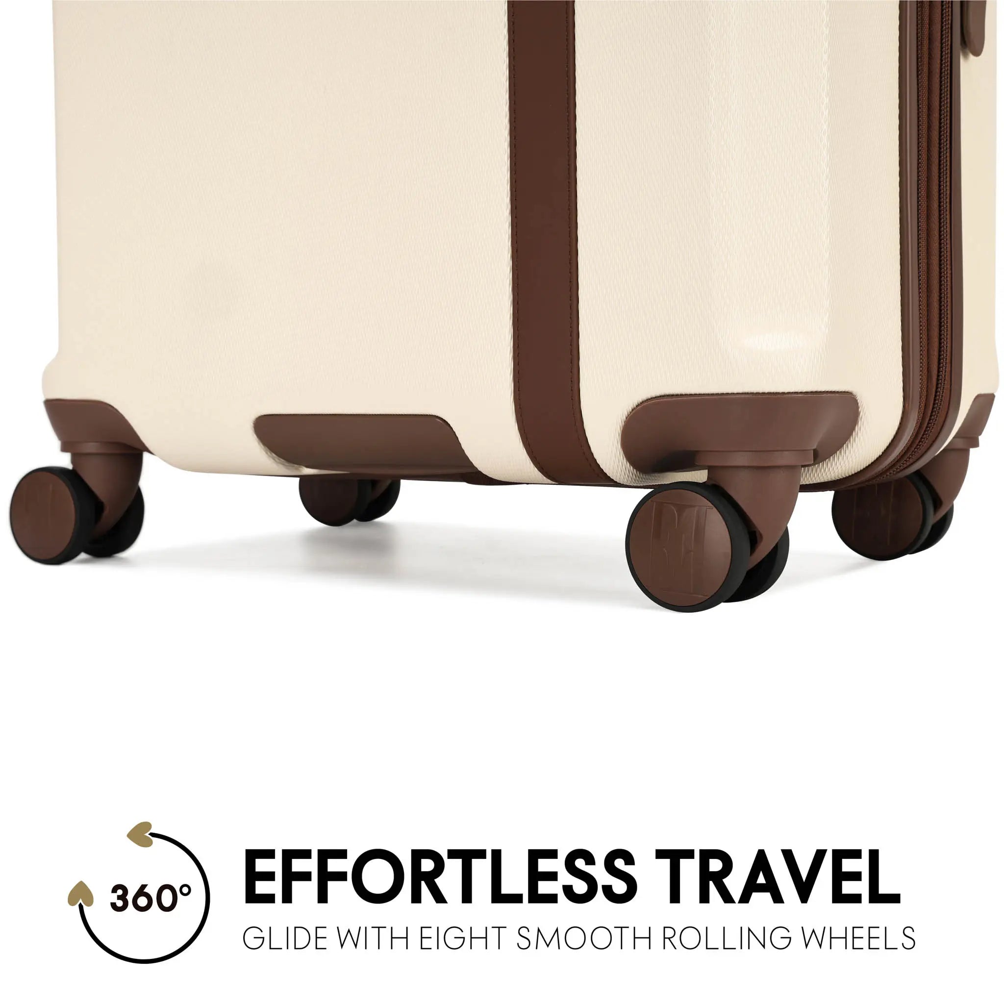 Beige suitcase with brown accents and wheels on a white background, featuring text about smooth rolling wheels.