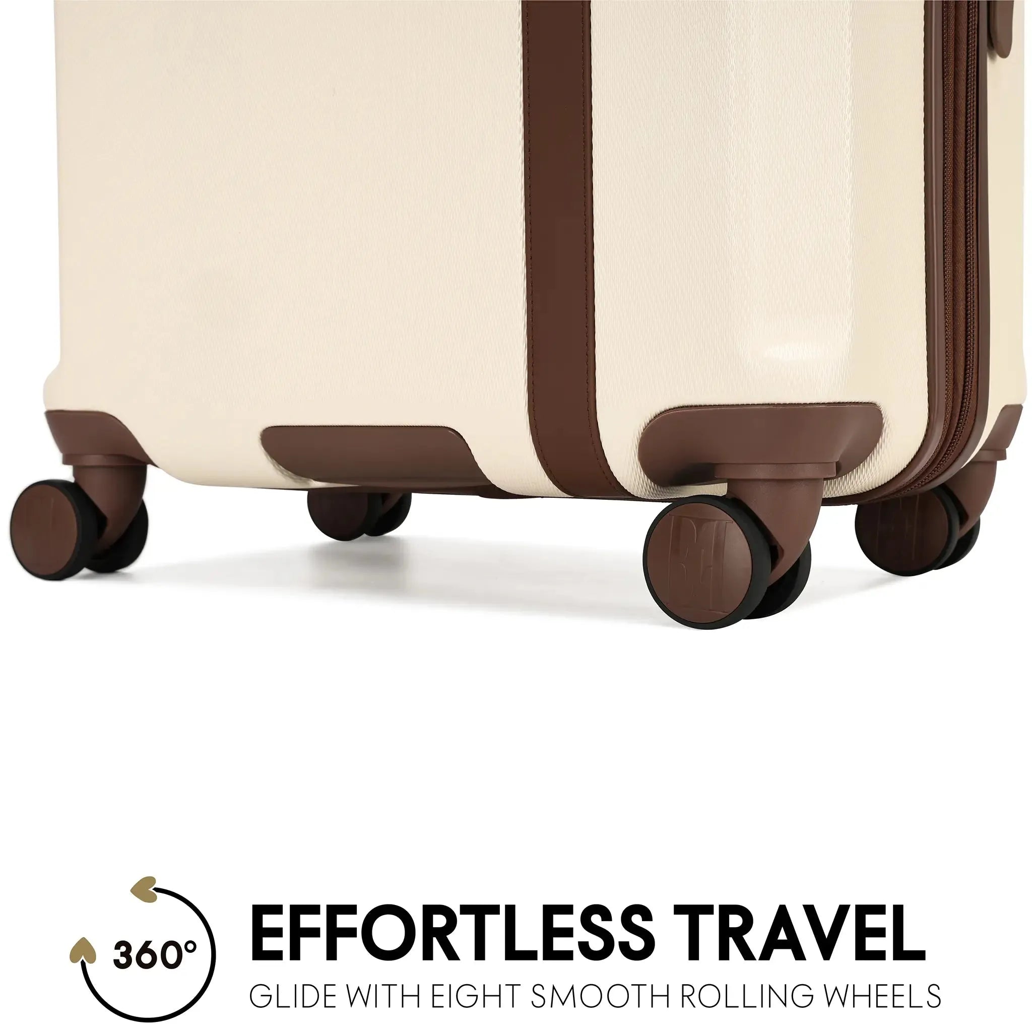 Beige suitcase with brown accents and wheels on a white background, featuring 'Effortless Travel' text.