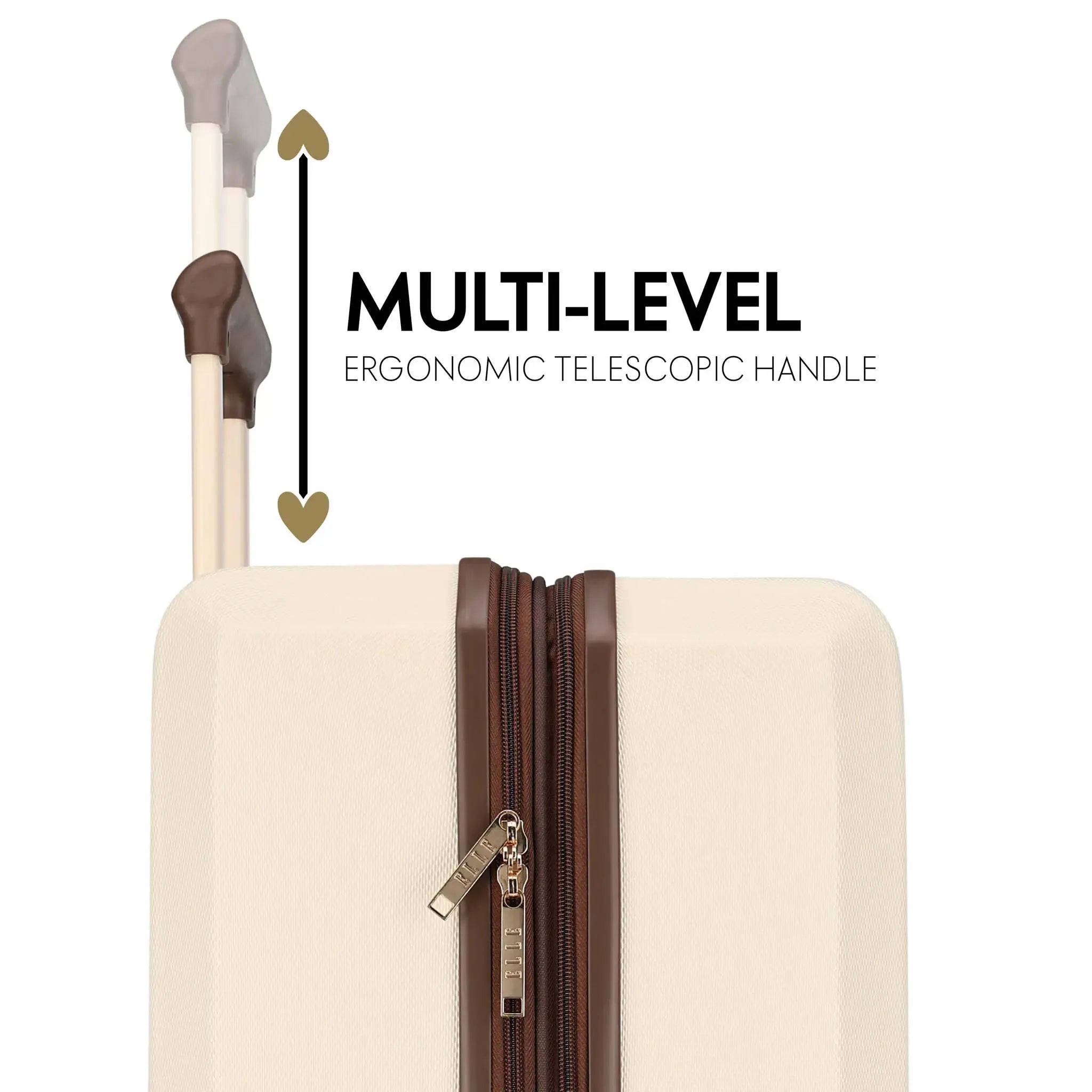 Beige suitcase with multi-level ergonomic telescopic handle on a white background