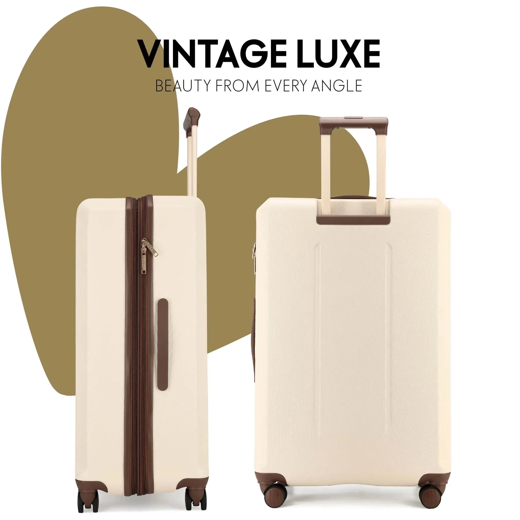 Two beige suitcases with brown accents on a white background, featuring the 'Vintage Luxe' brand.