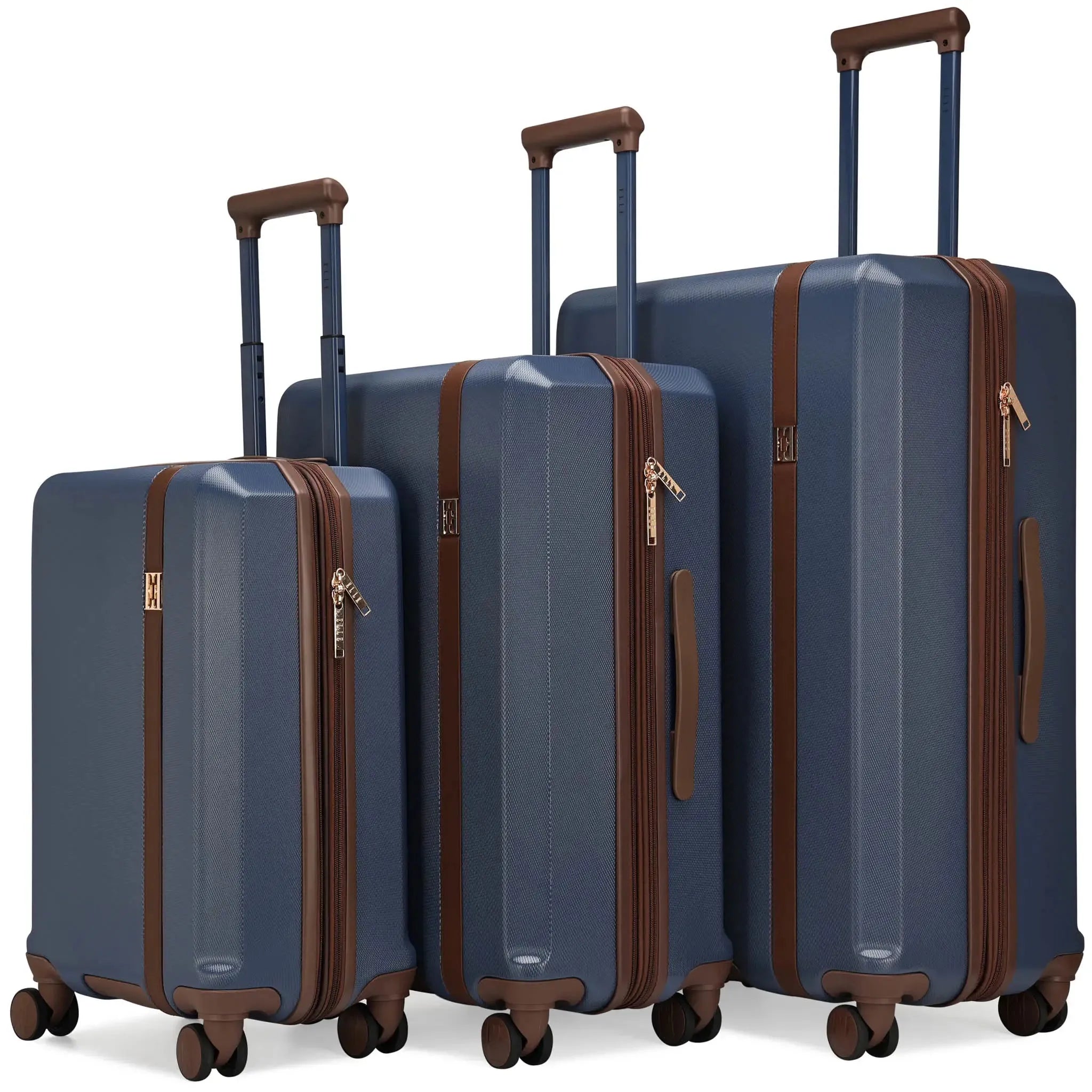 Set of three blue suitcases with brown straps and handles on a white background