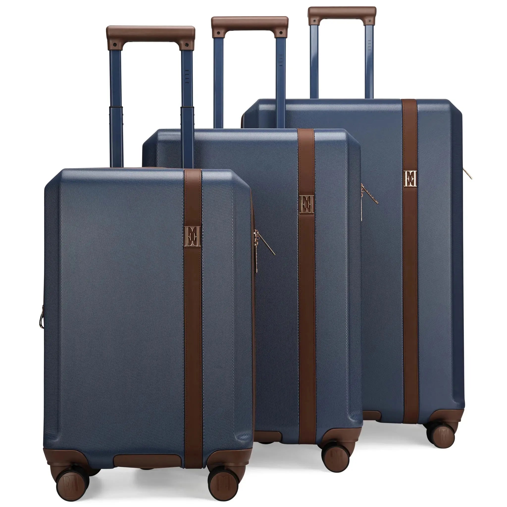 Set of three blue suitcases with brown straps and wheels on a white background