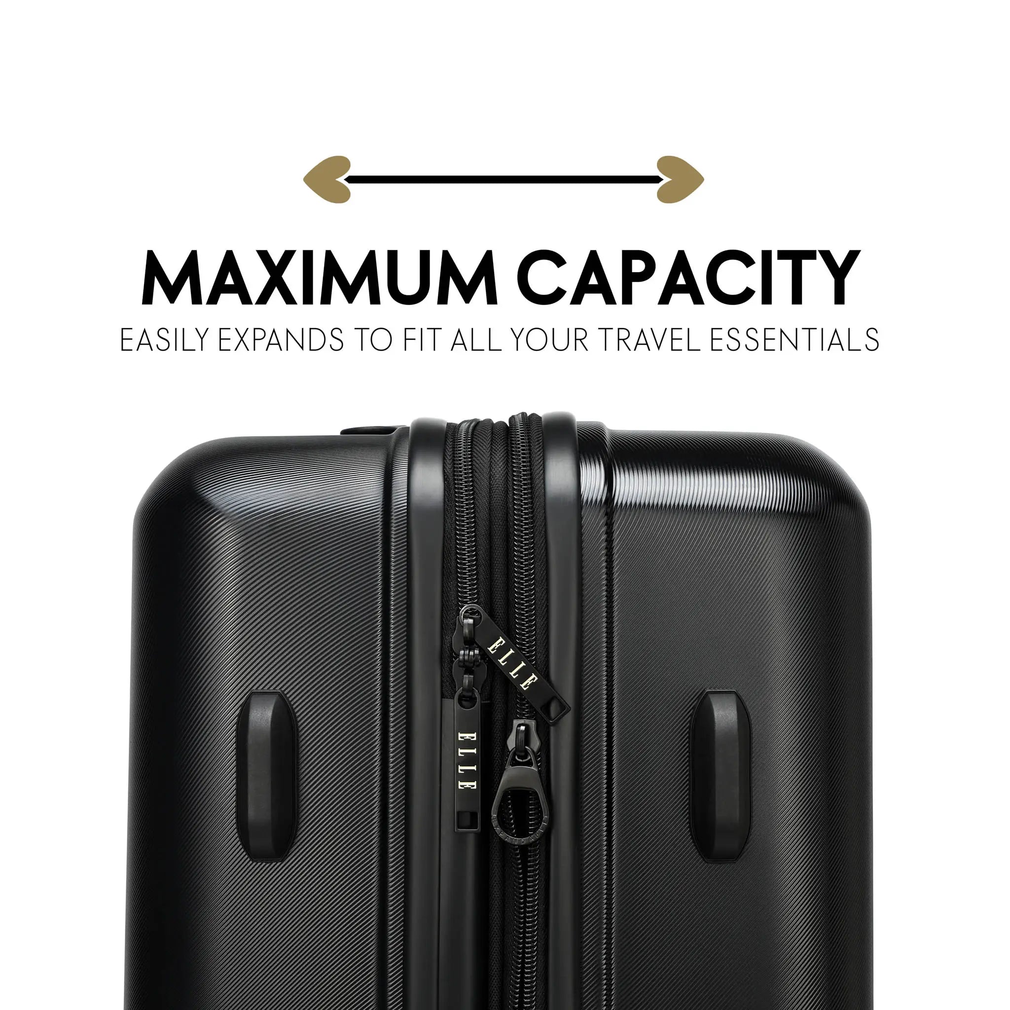 Black suitcase with text highlighting maximum capacity and expandability on a white background