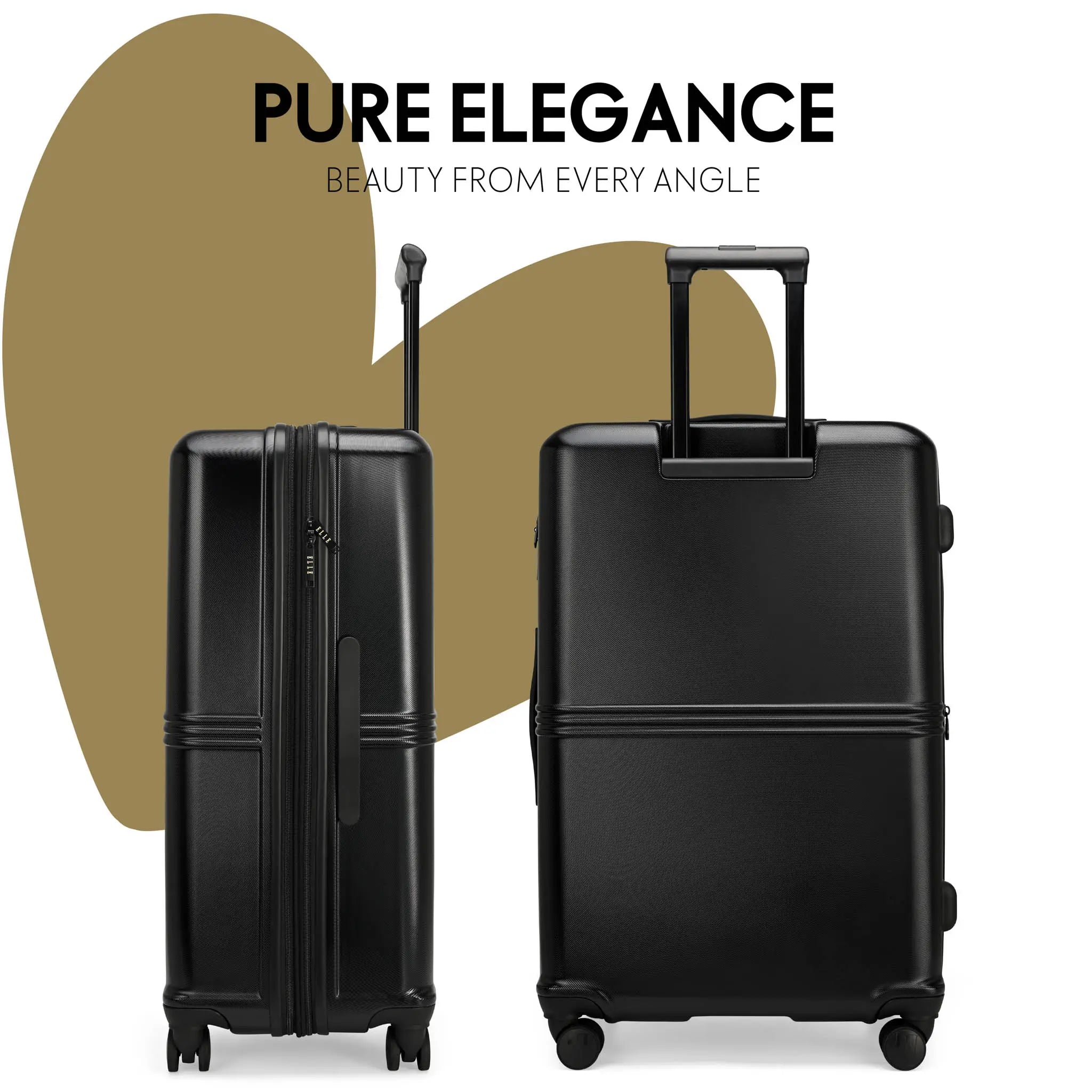 Two black suitcases with a beige abstract shape and text 'PURE ELEGANCE' on a white background.