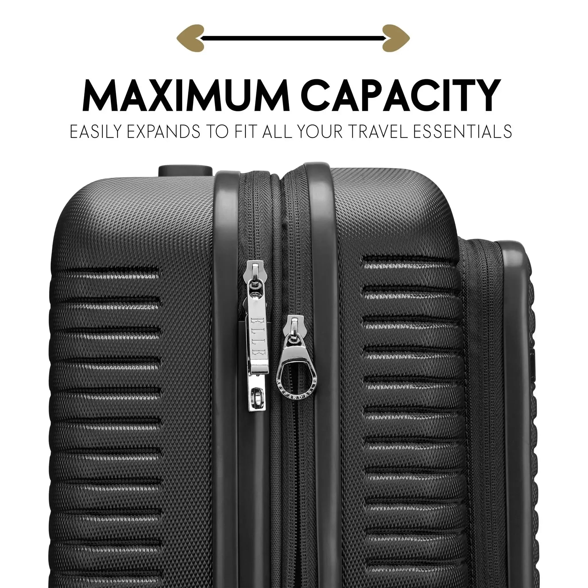 Black suitcase with text highlighting maximum capacity and expandability.