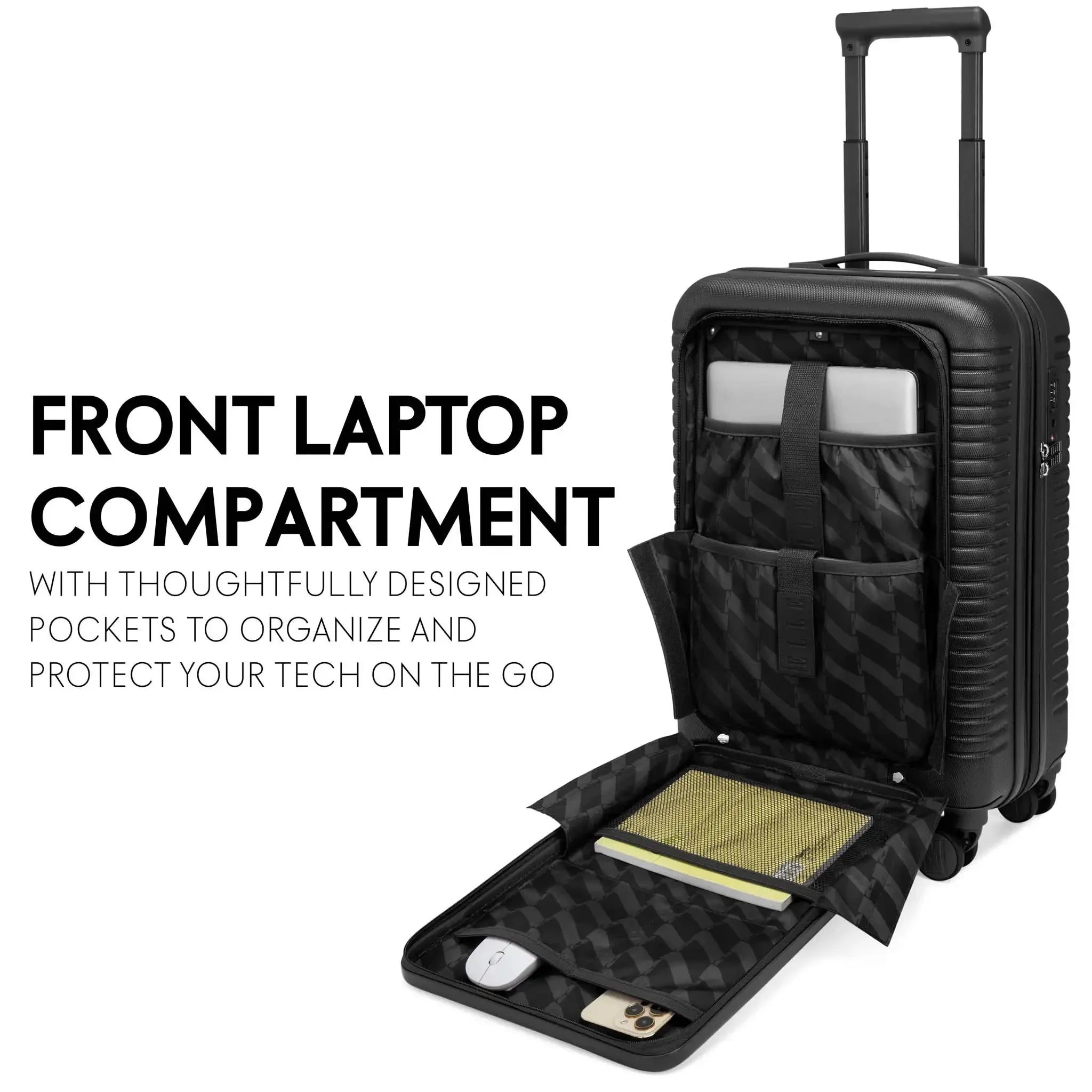 Black suitcase with open front laptop compartment on a white background