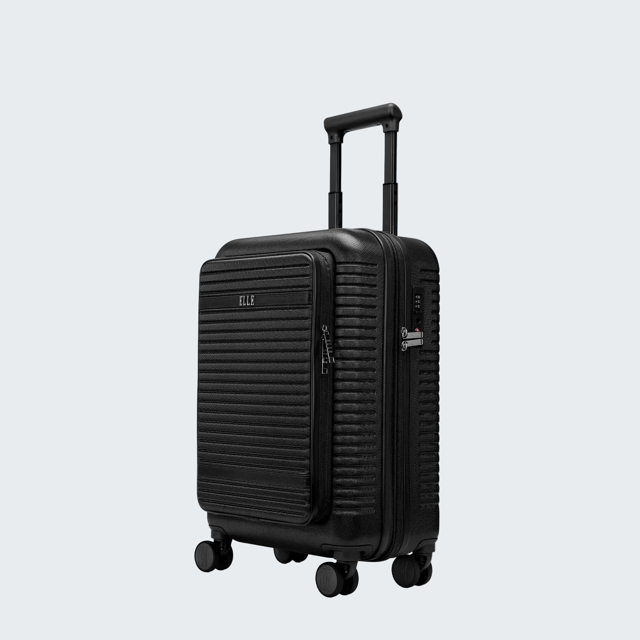 Black suitcase with a textured surface on a white background
