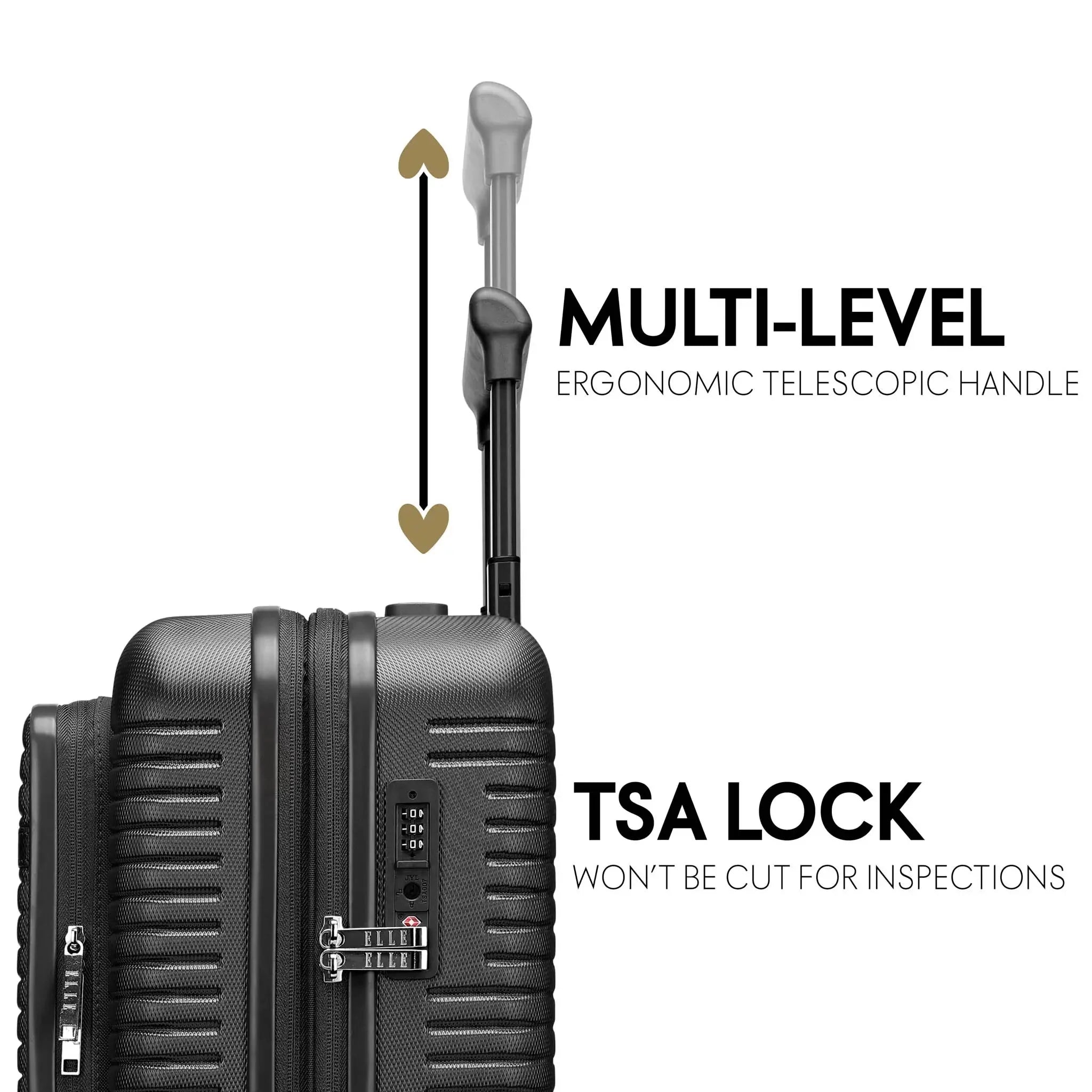 Black suitcase with ergonomic telescopic handle and TSA lock on a white background
