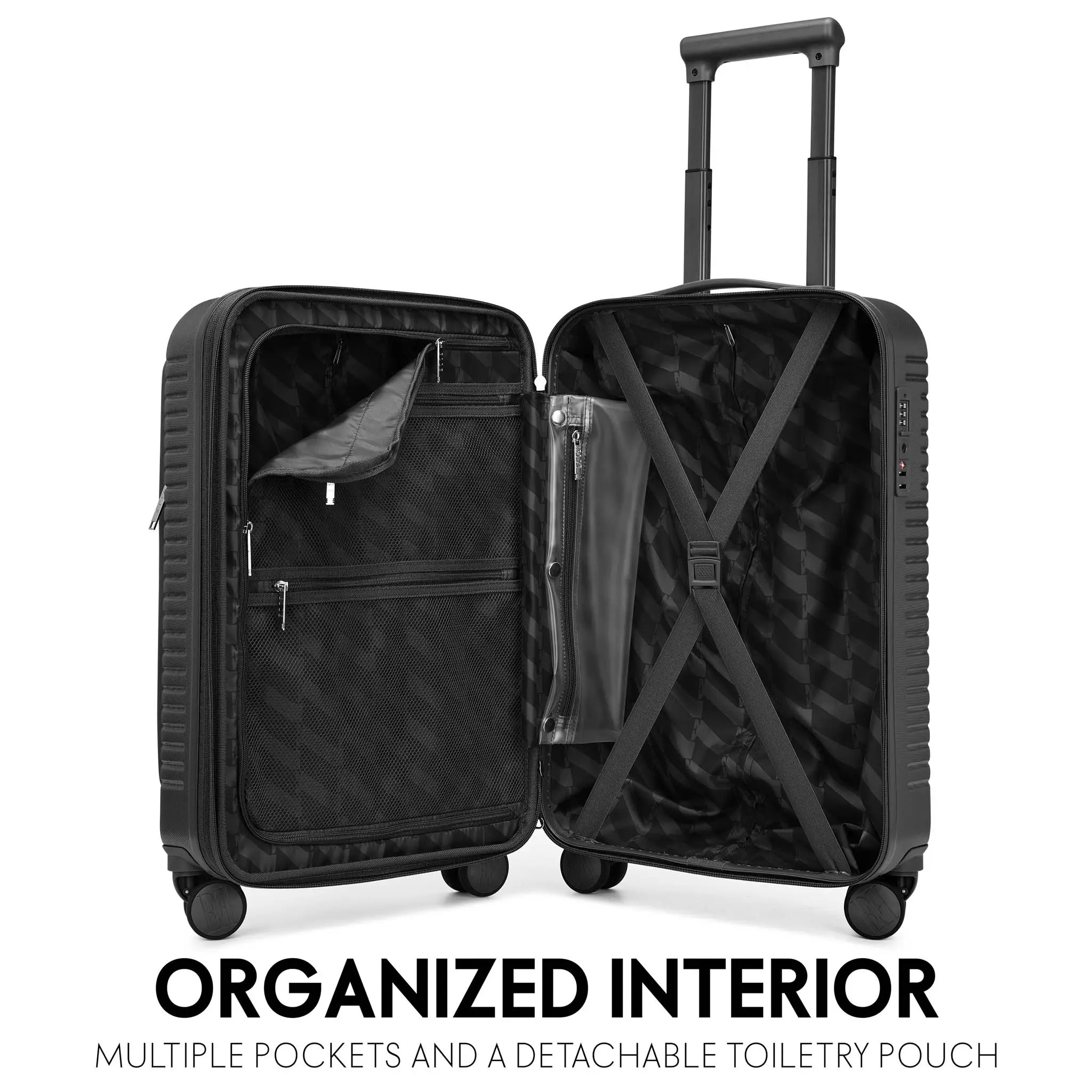 Black suitcase with open lid showing organized interior on a white background