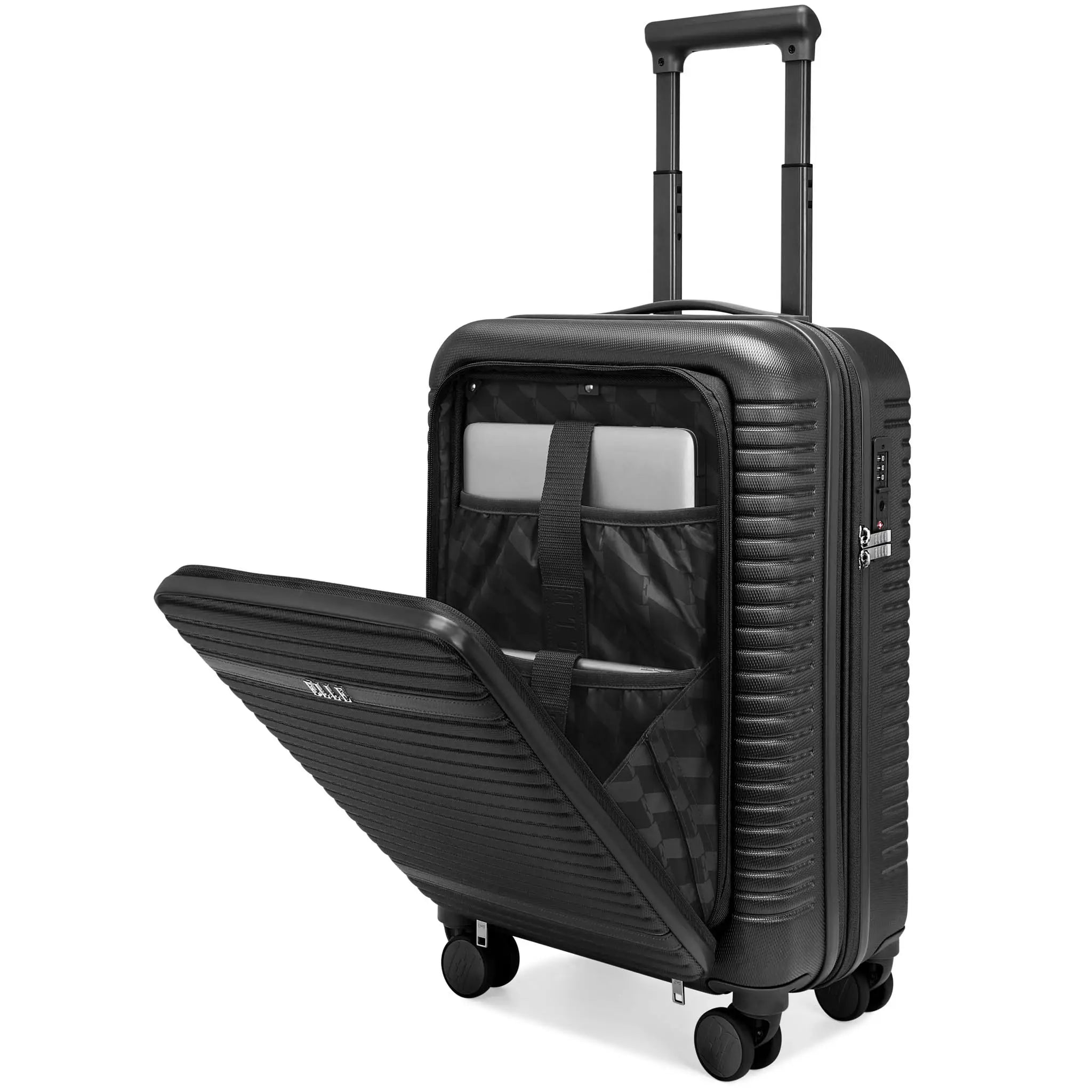 Black suitcase with open front compartment on a white background