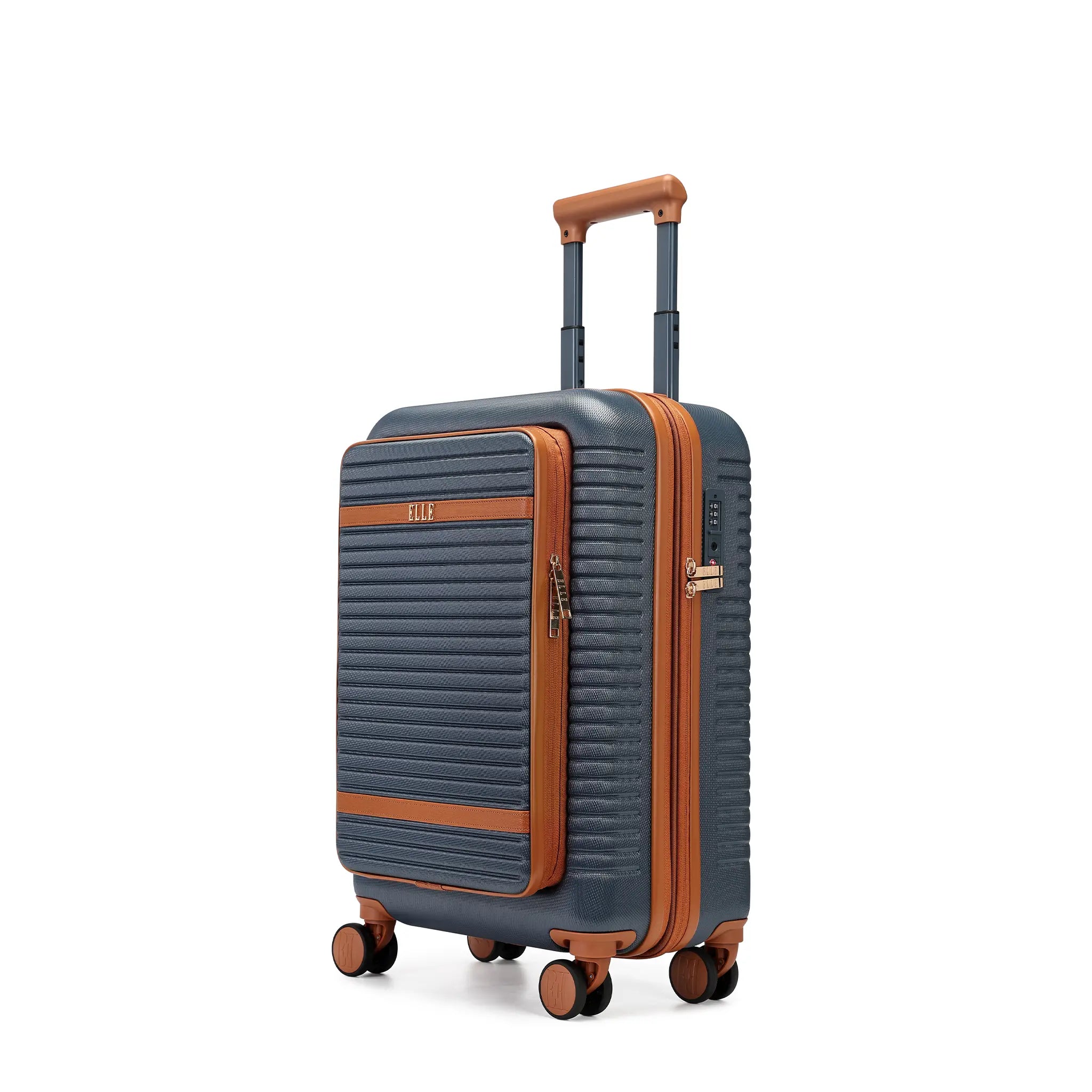 Blue suitcase with brown accents on a white background