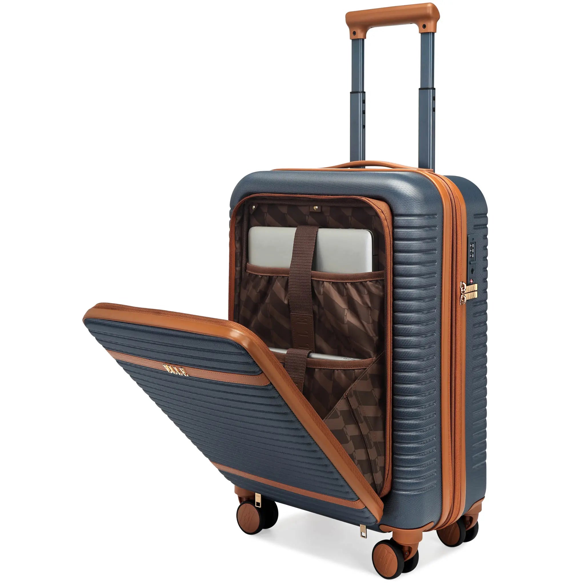 Blue suitcase with brown accents on a white background
