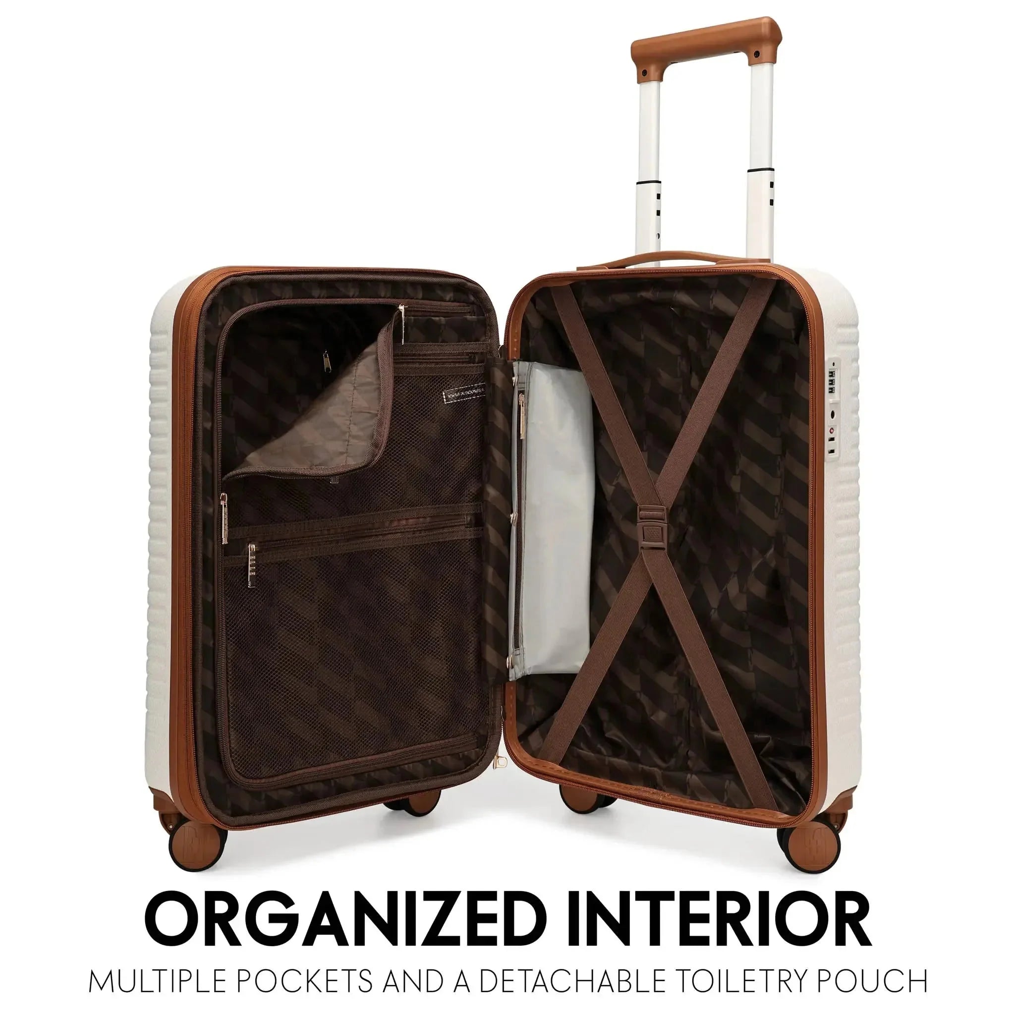 Open suitcase with organized interior on a white background