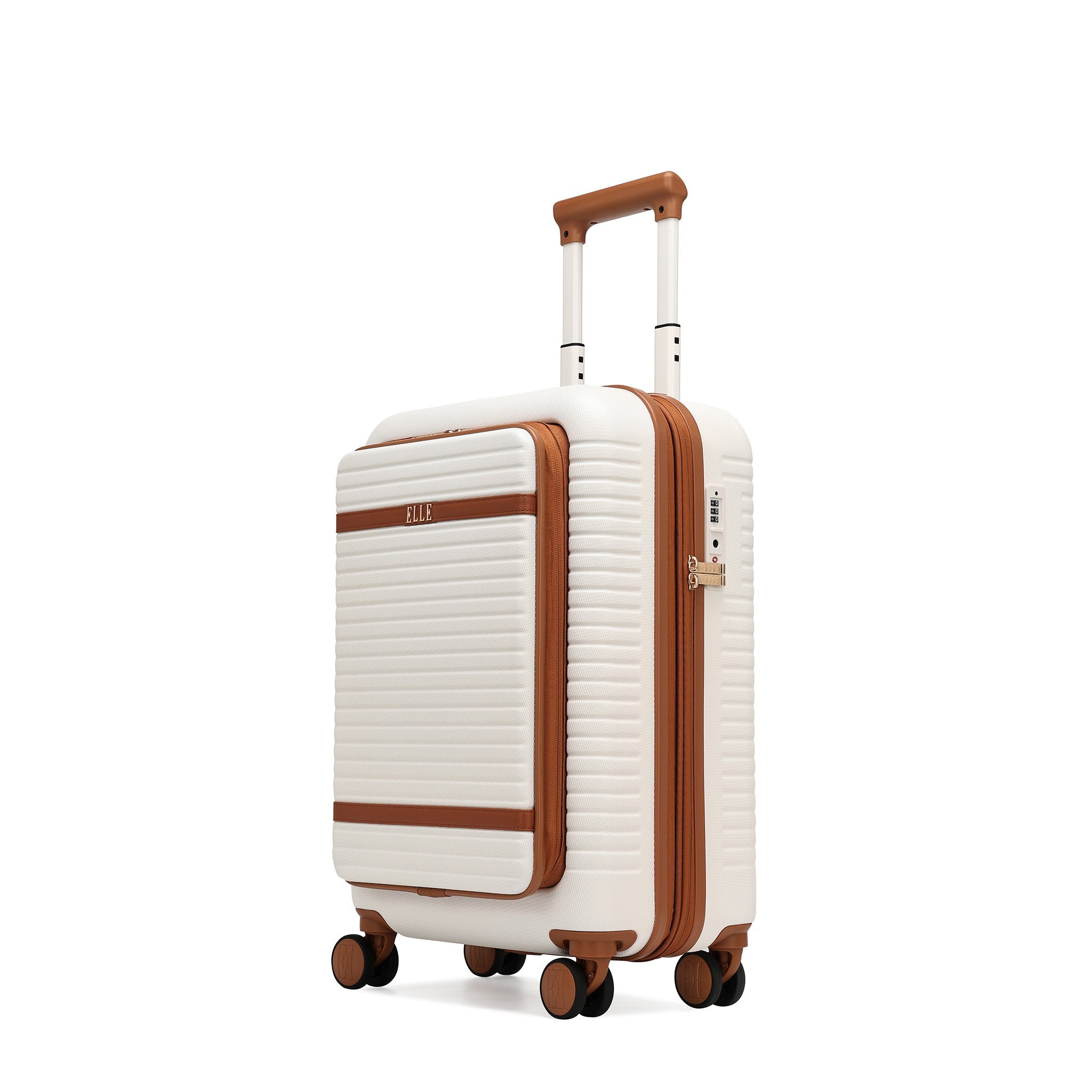 White suitcase with brown accents on a white background