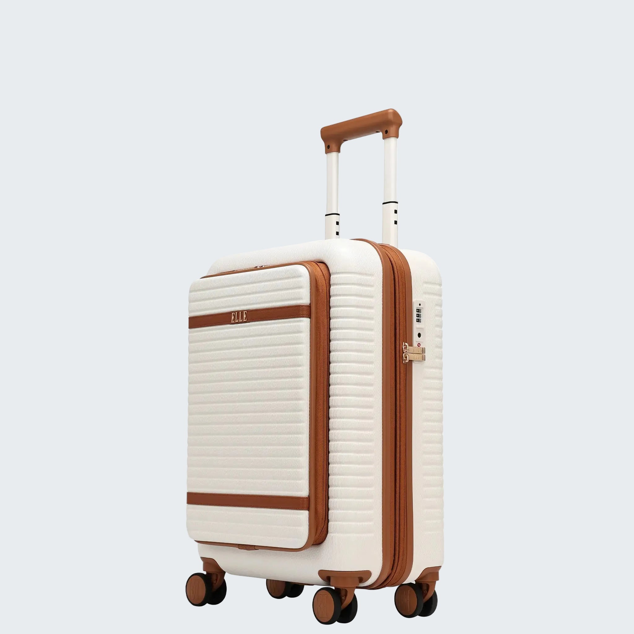 White suitcase with brown accents on a white background