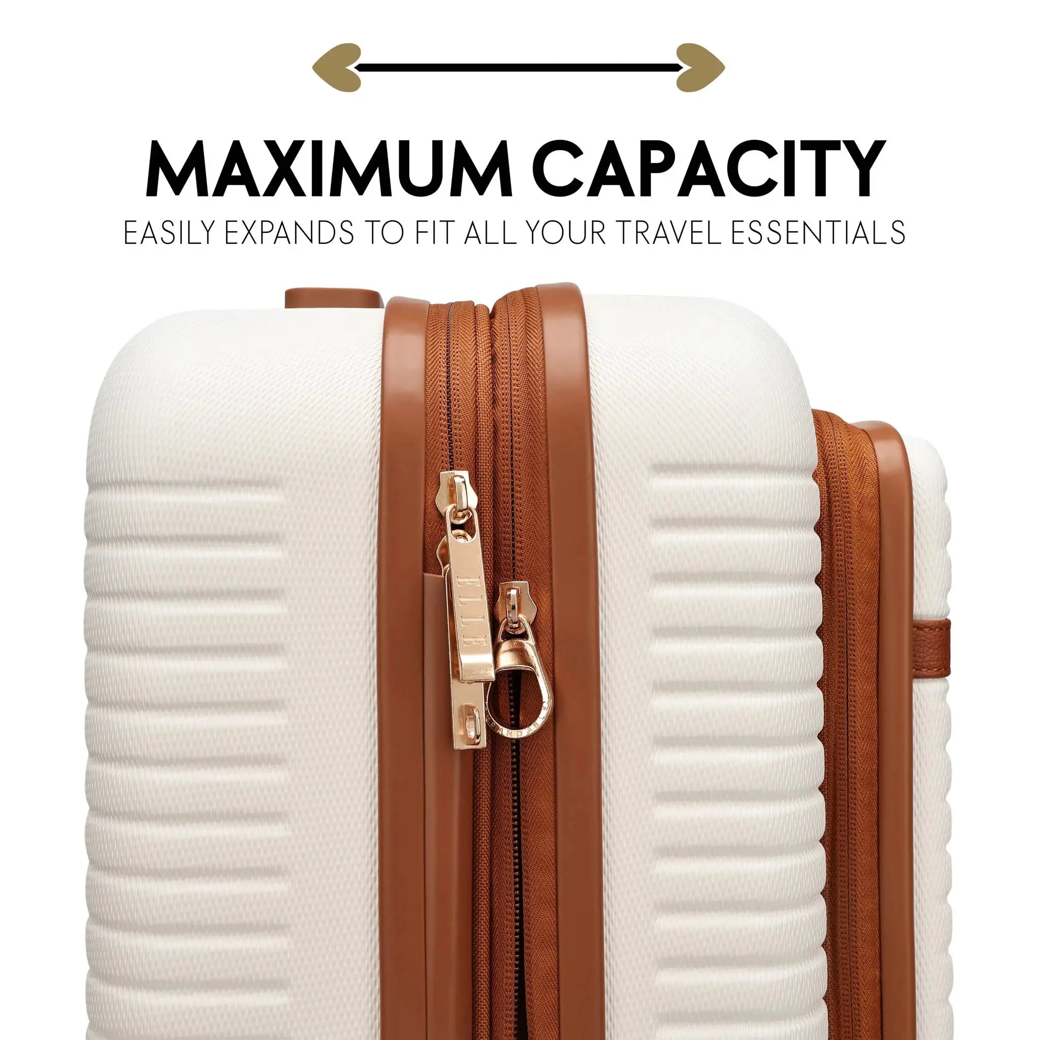 White suitcase with brown accents and a gold zipper, featuring text about maximum capacity.