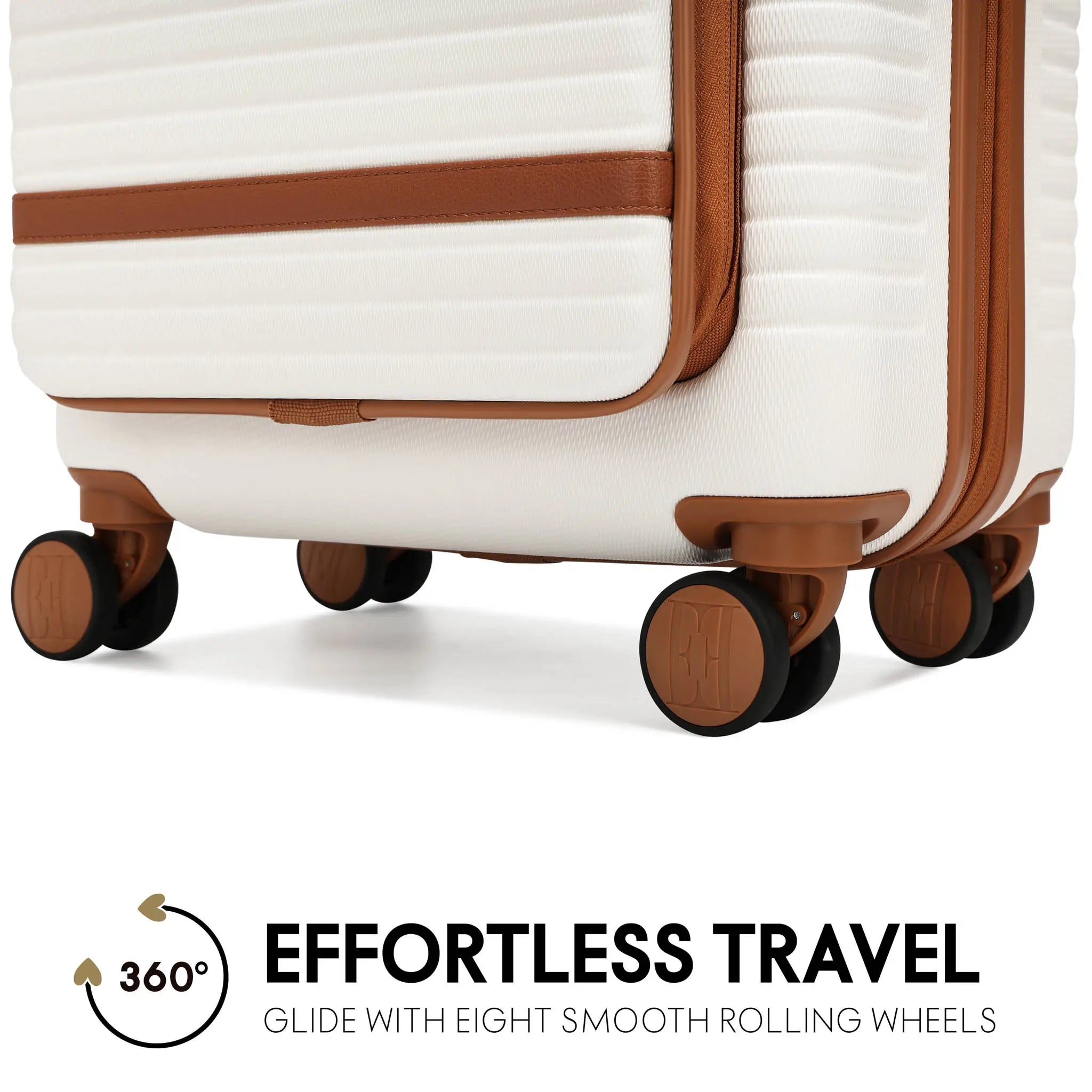 White suitcase with brown accents and wheels on a white background, featuring text about smooth rolling wheels.