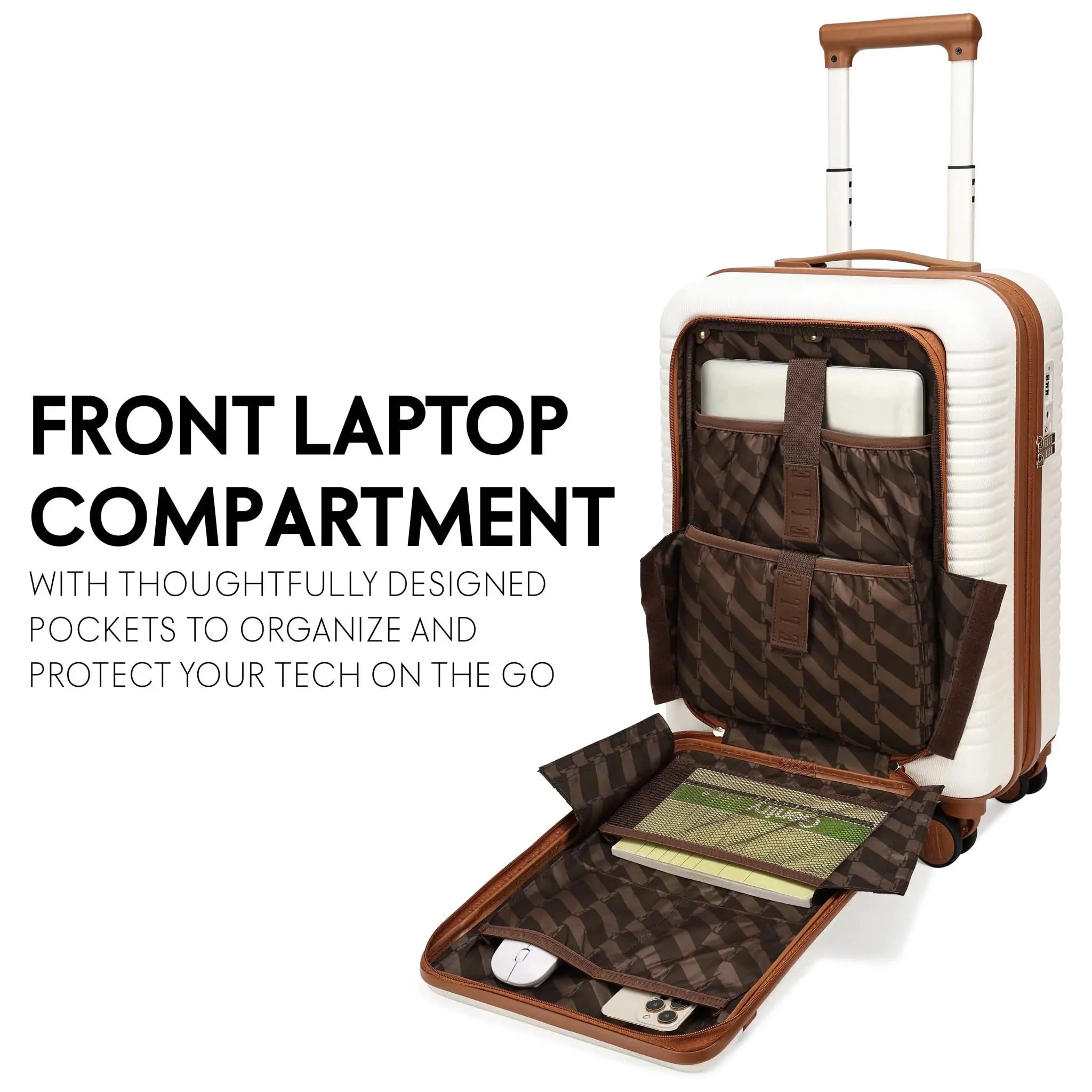Open suitcase with front laptop compartment and organized pockets on a white background