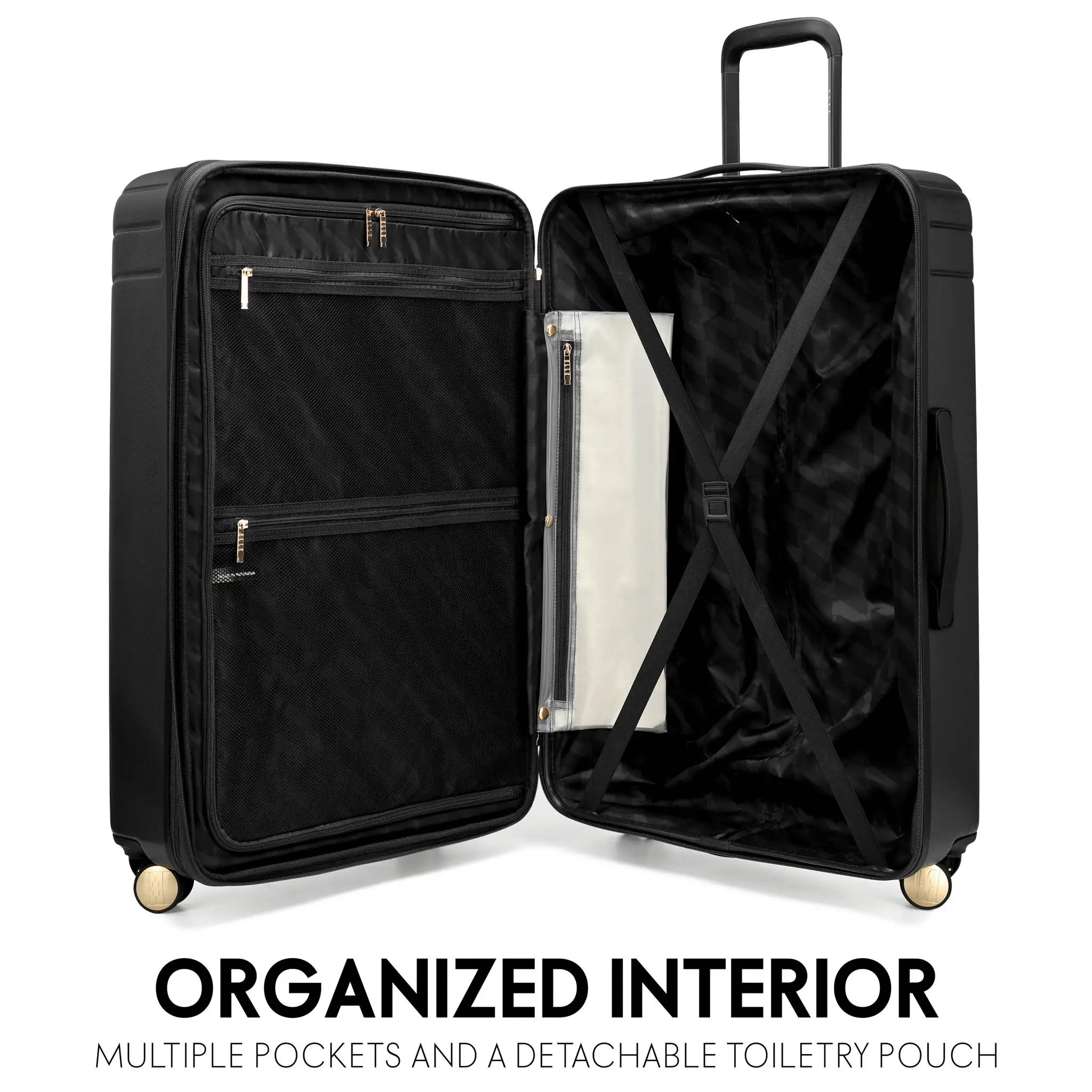 Black suitcase with open lid showing organized interior and detachable toiletry pouch.