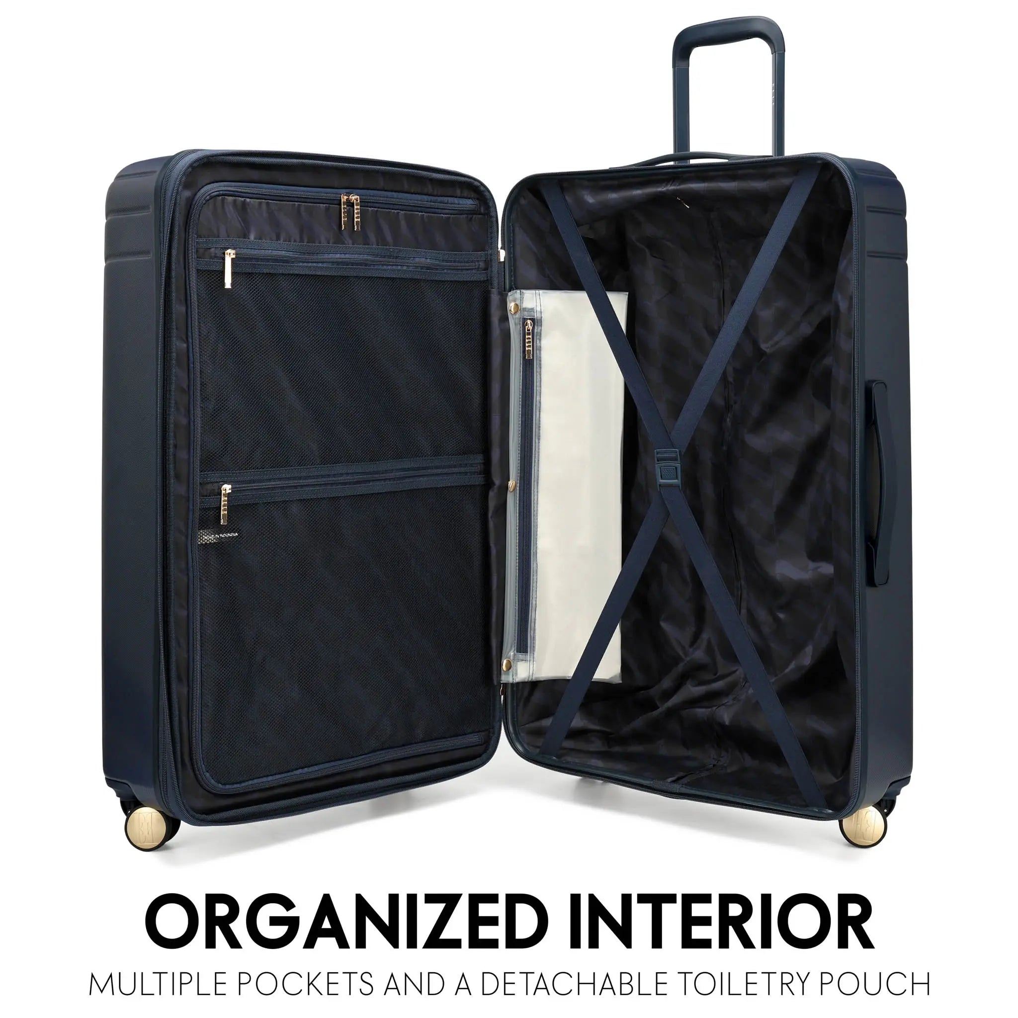 Open navy suitcase with organized interior features on a white background