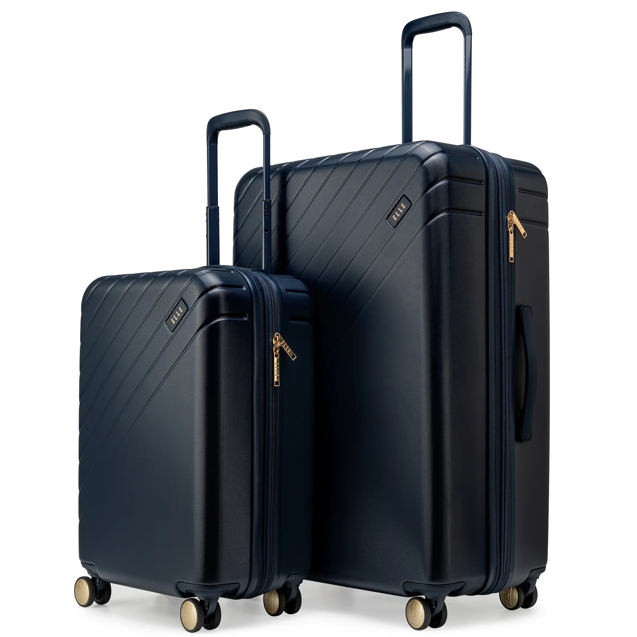 Two black suitcases of different sizes on a white background