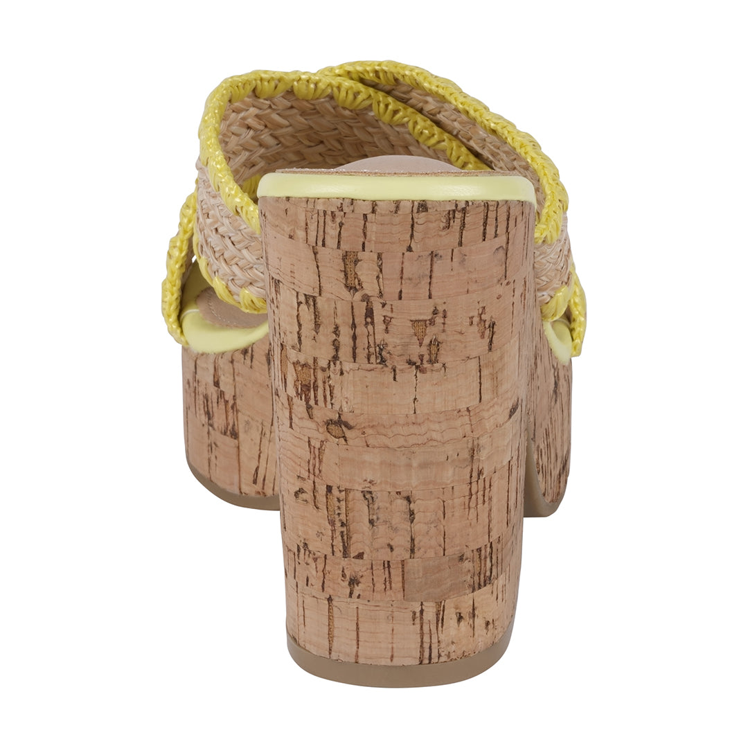 Cork sandal with yellow trim on a white background