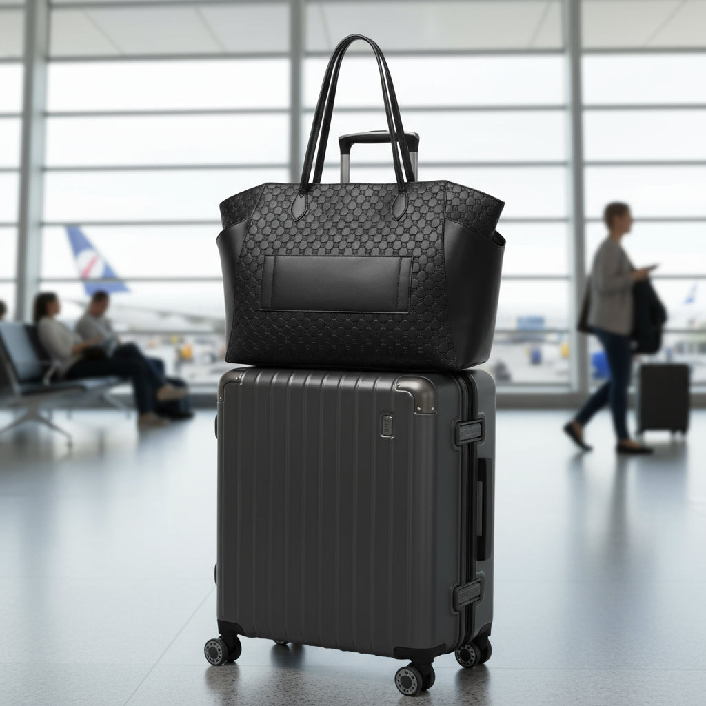 Black quilted handbag on a white background