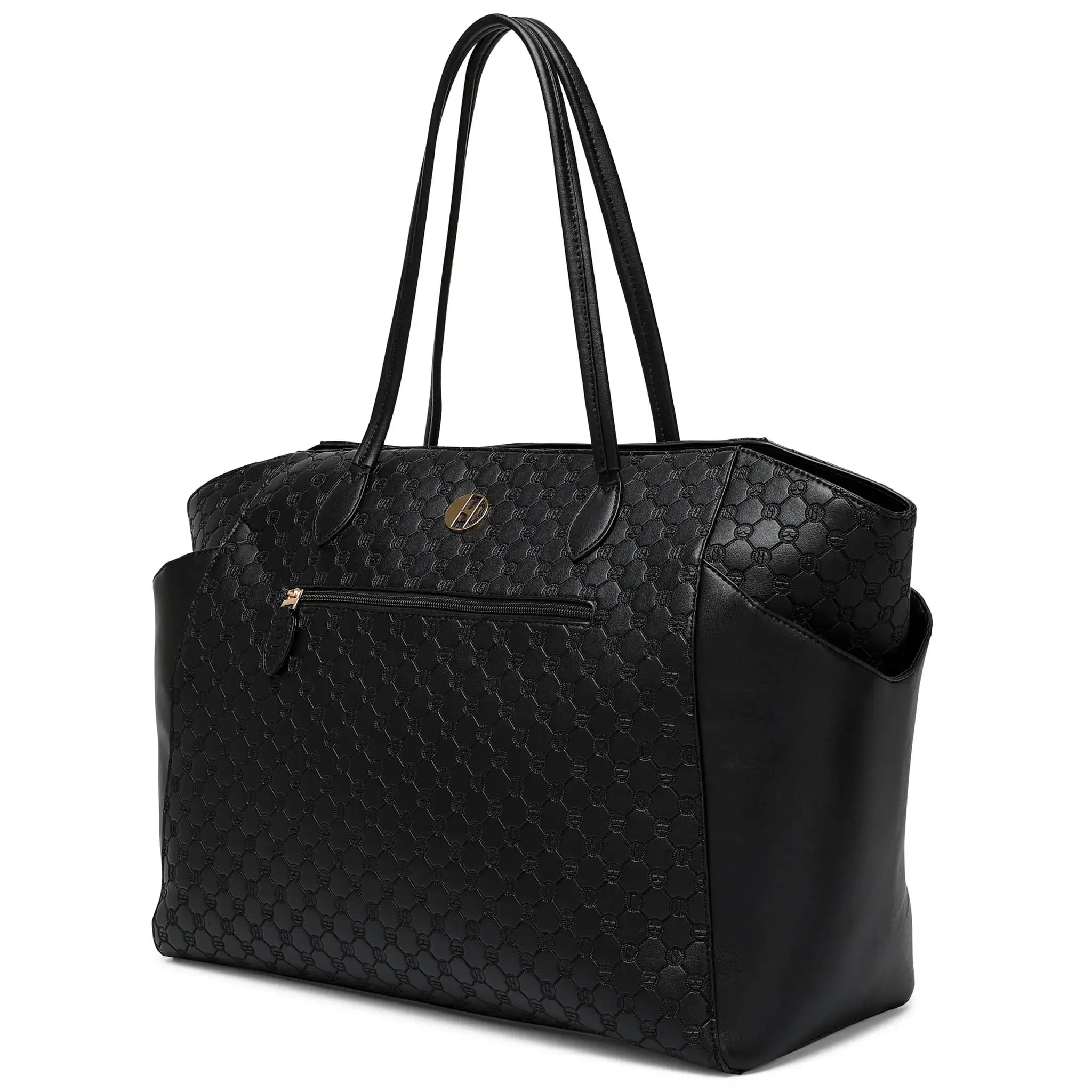 Black quilted handbag with a visible brand logo on a white background