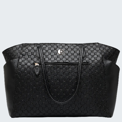 Black patterned handbag on a white background