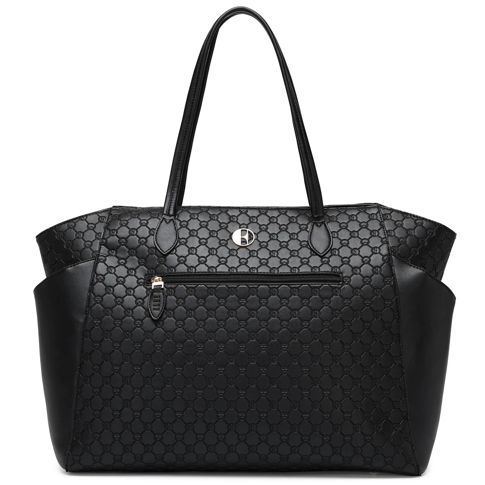 Black textured handbag with a brand logo on a white background