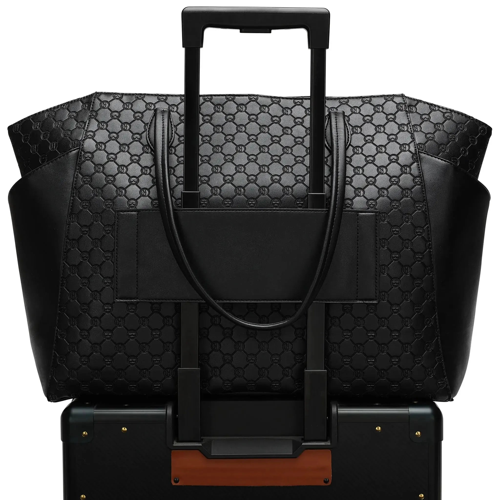 Black patterned suitcase with a handle and front pocket on a white background