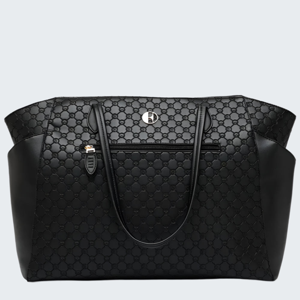 Black patterned handbag on a white background