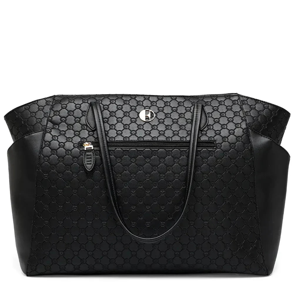 Black patterned handbag on a white background