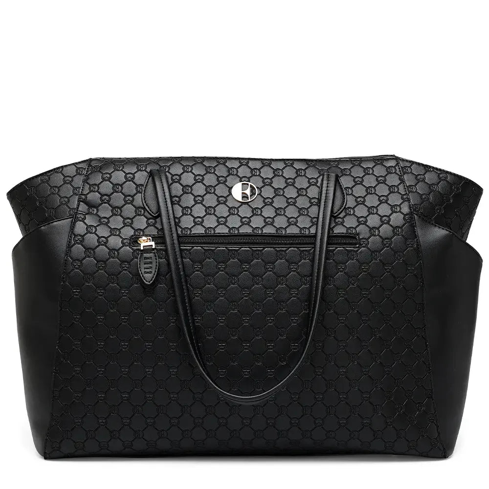 Black patterned handbag on a white background