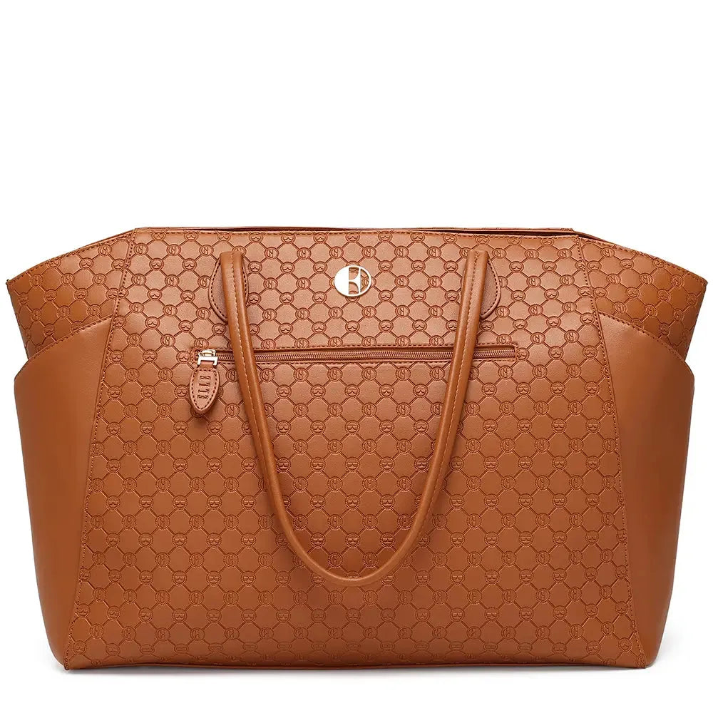 Brown leather handbag with embossed pattern on a white background